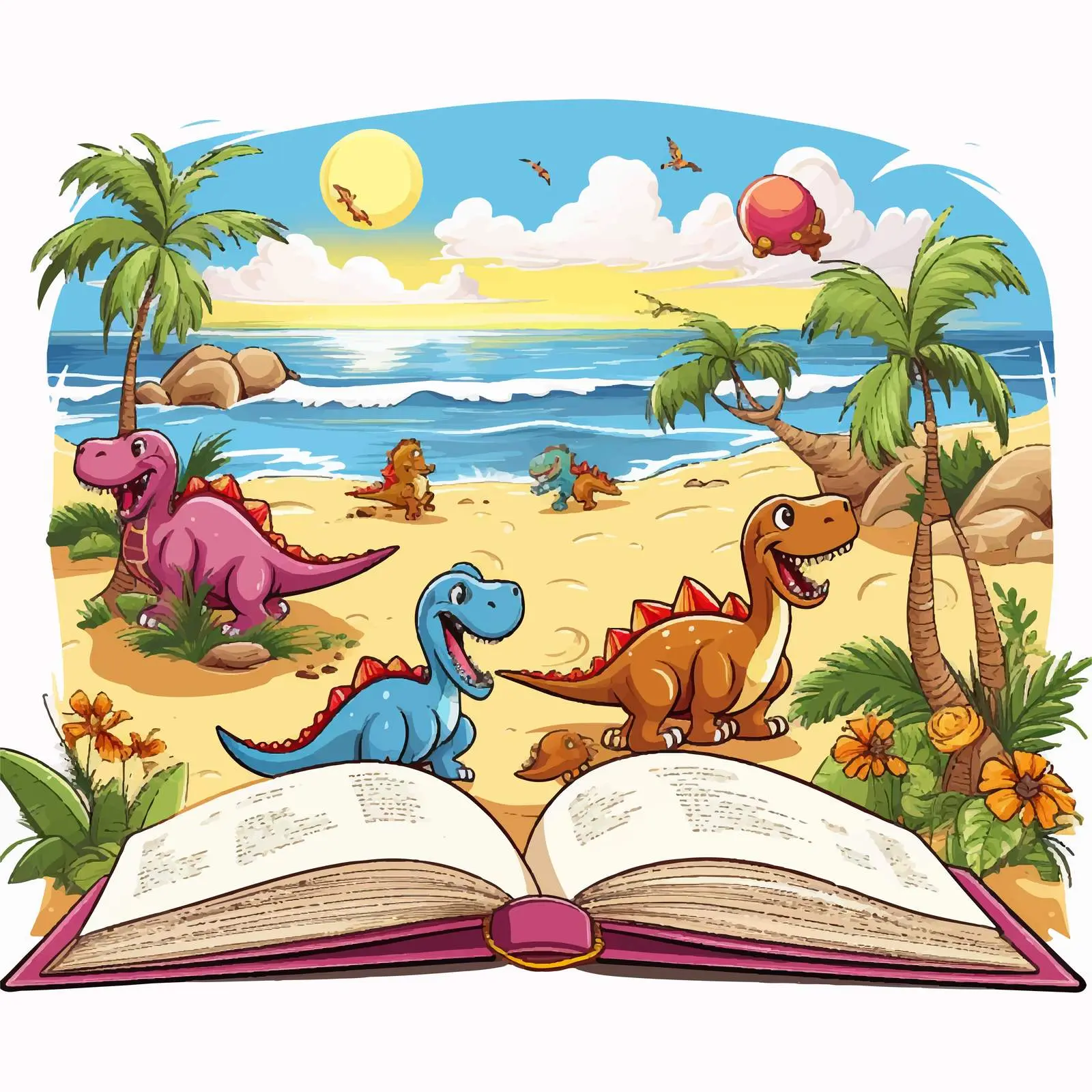 Dinosaurs Emerging from Storybook on Beach — free download from Dotvec