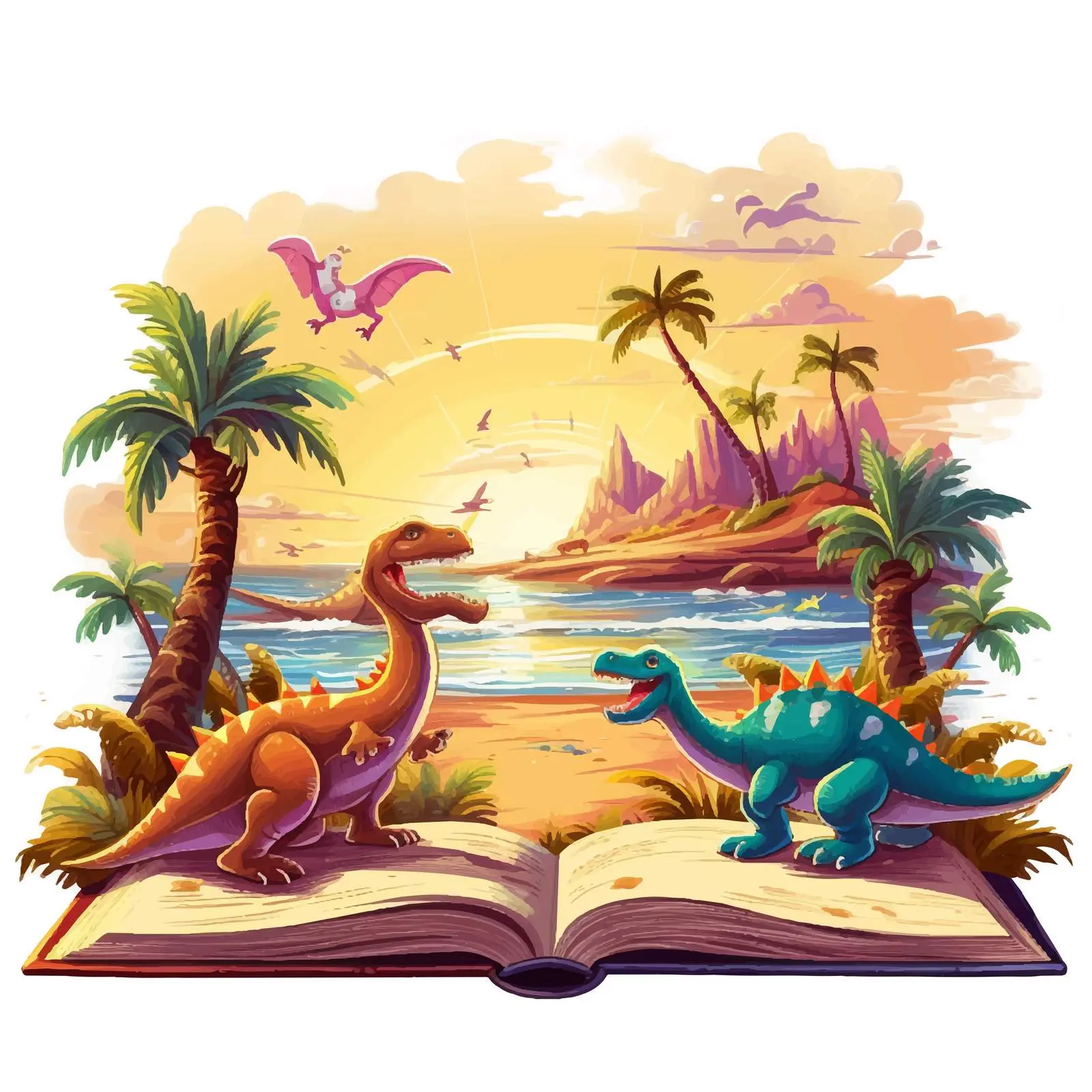 Dinosaurs Emerging from Storybook on Beach — free download from Dotvec