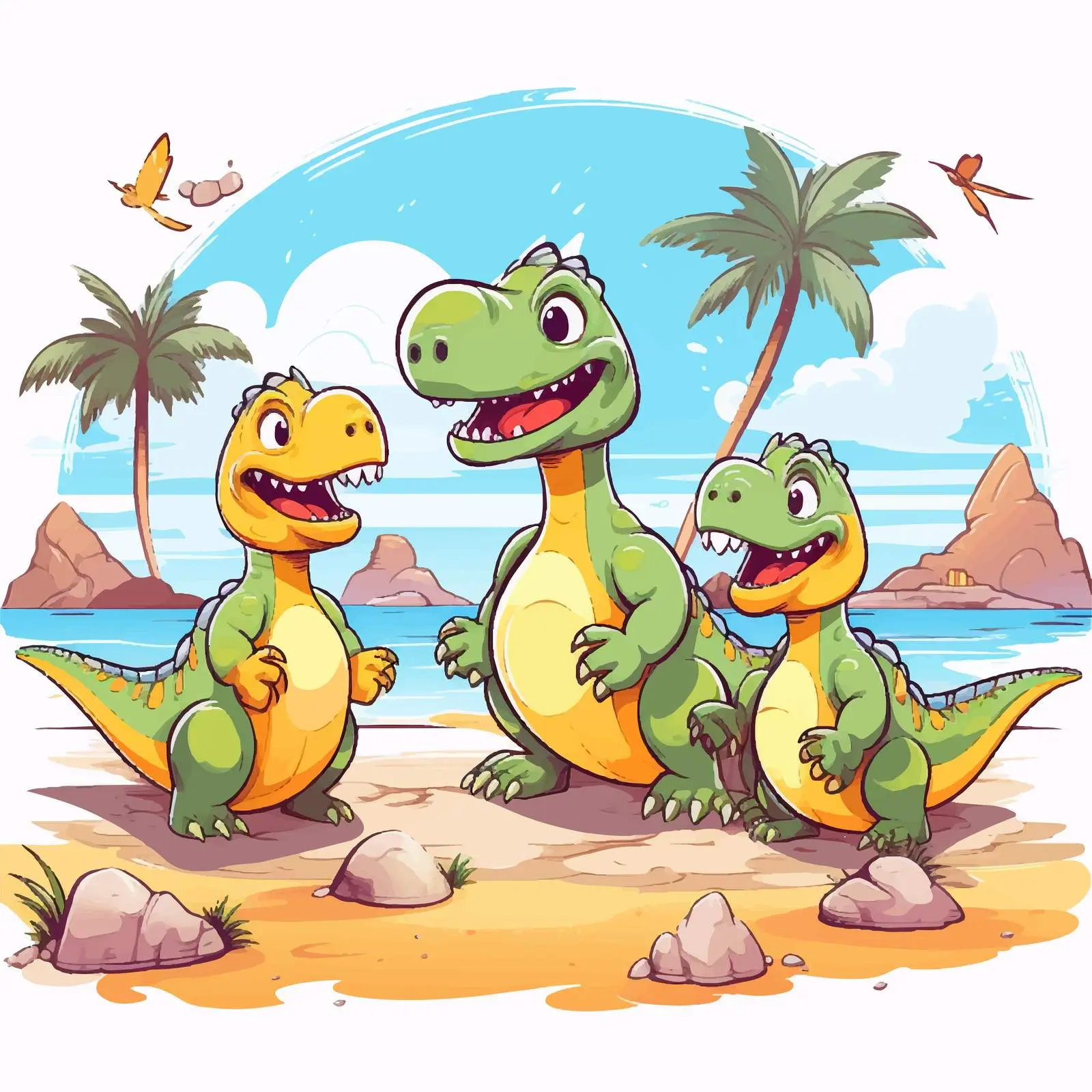 Dinosaurs Relaxing on the Beach Vector Illustration — free download from Dotvec