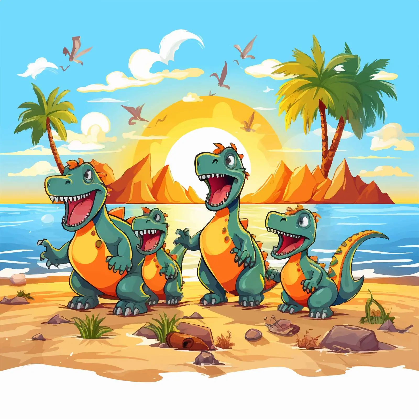 Dinosaurs on the Beach Illustration Vector Art — free download from Dotvec