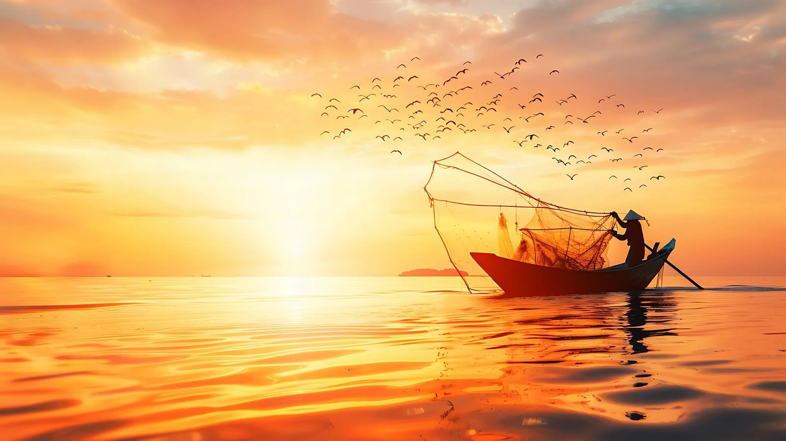 Fishing Net in Boat at Sunrise/Sunset — free download from Dotvec