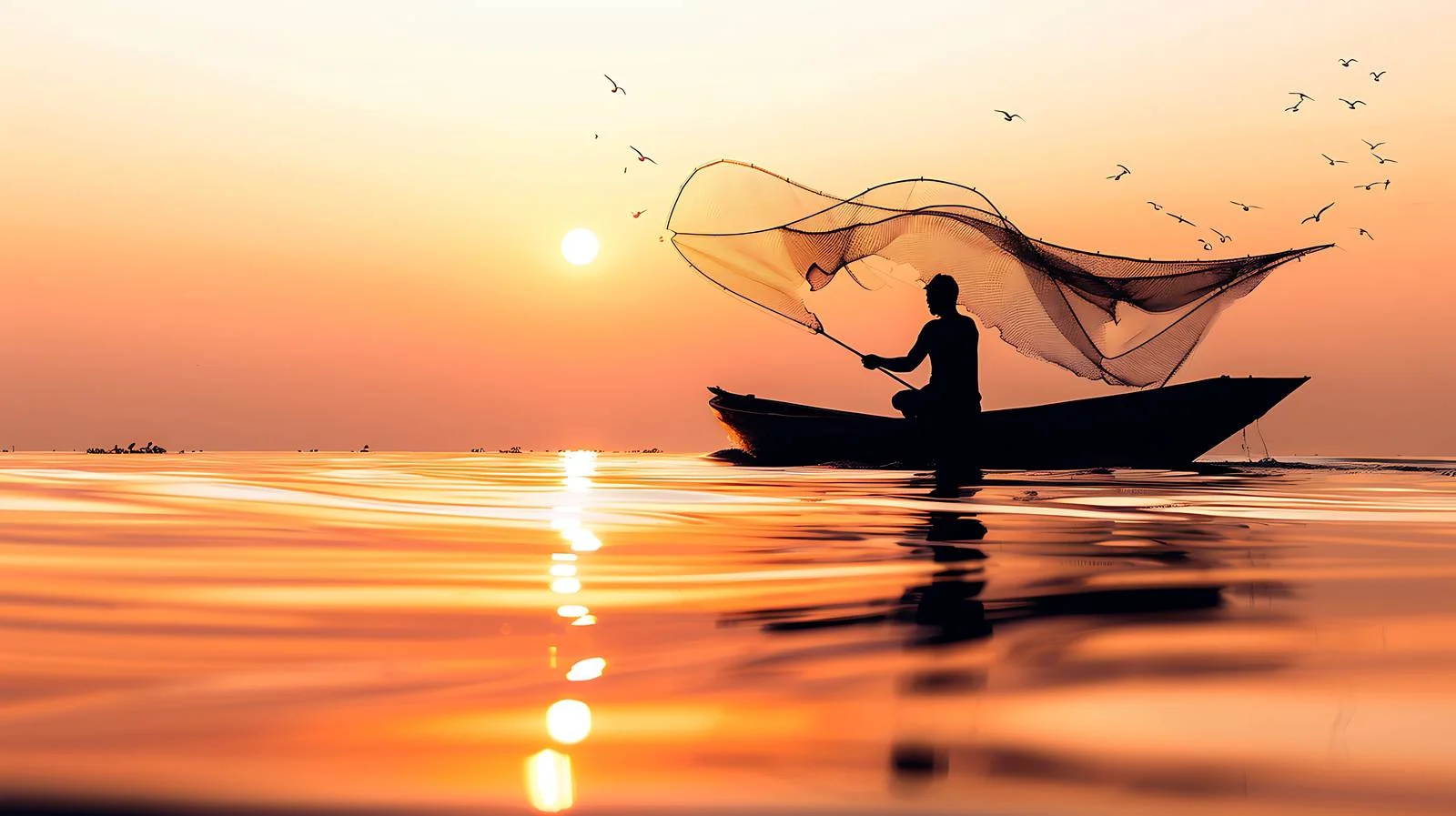 Fishing at Sunrise/Sunset: Dip Net in Boat — free download from Dotvec