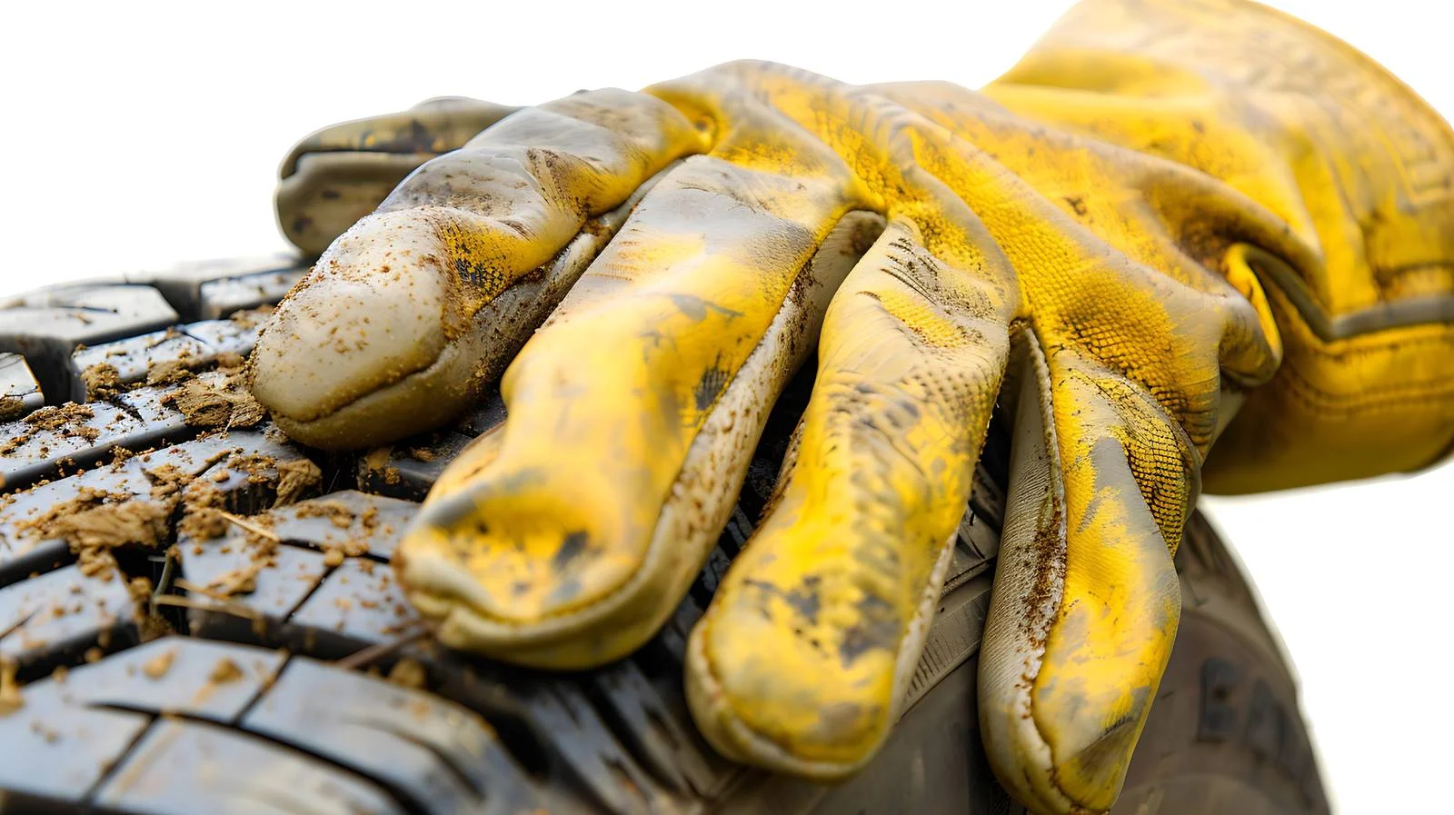 Mechanic's worn yellow leather gloves hold car tire — free download from Dotvec