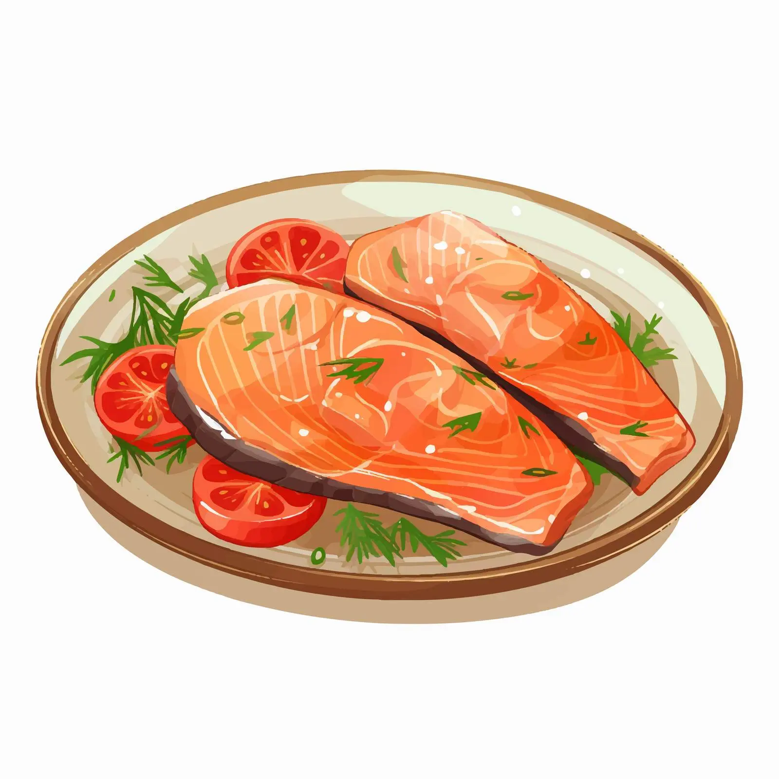 Cartoon Vector Dish with Salmon and Tomatoes — free download from Dotvec