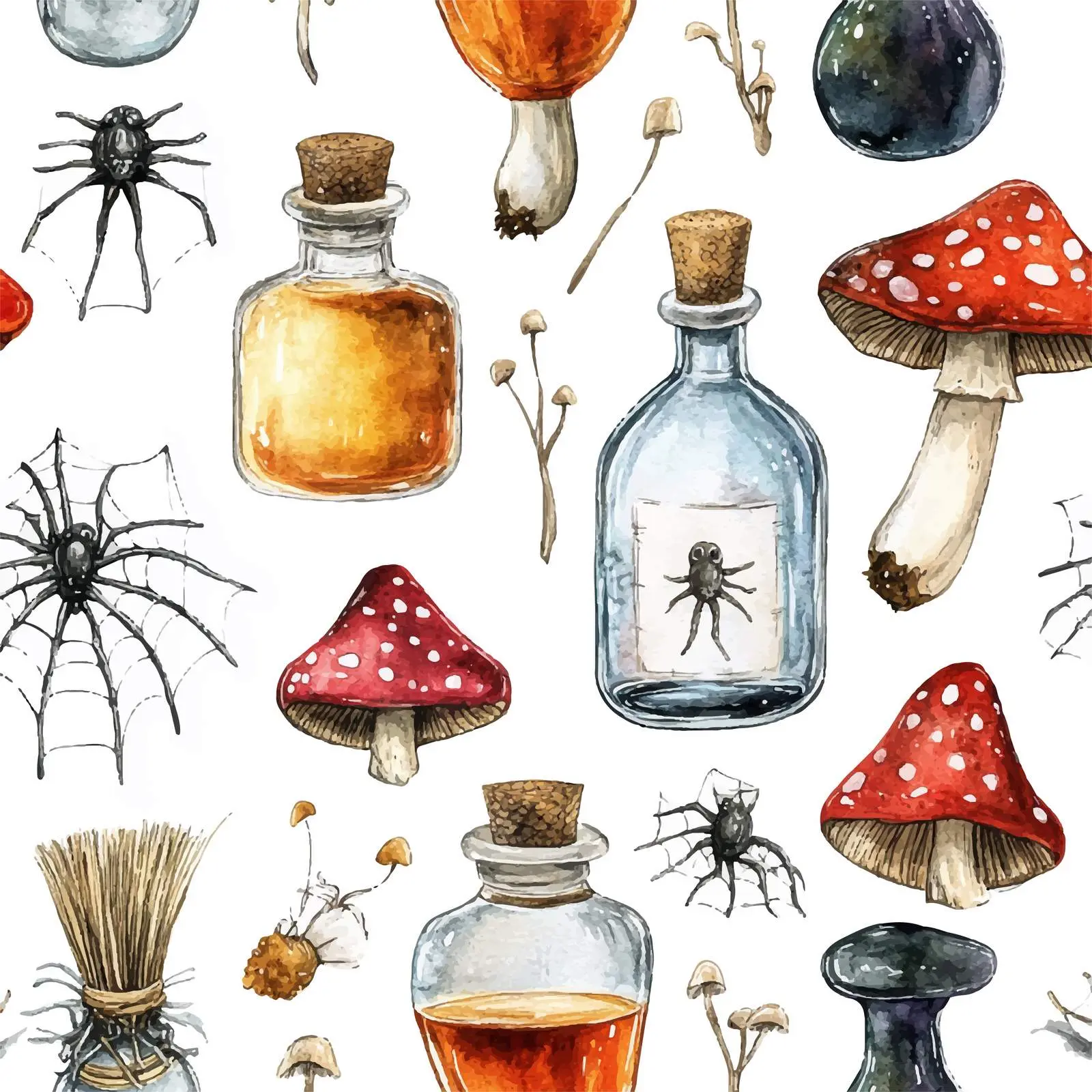 Colorful Potions and Mushrooms Watercolor Illustration – free potion image from Dotvec