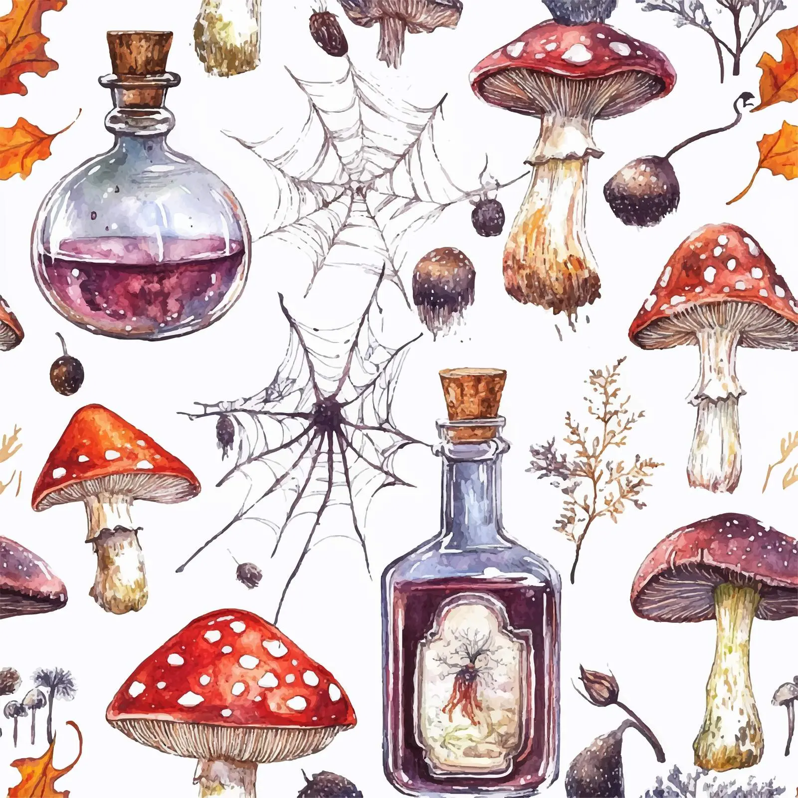 Watercolor Dishes and Potion Bottles with Mushrooms – free fairytale image from Dotvec