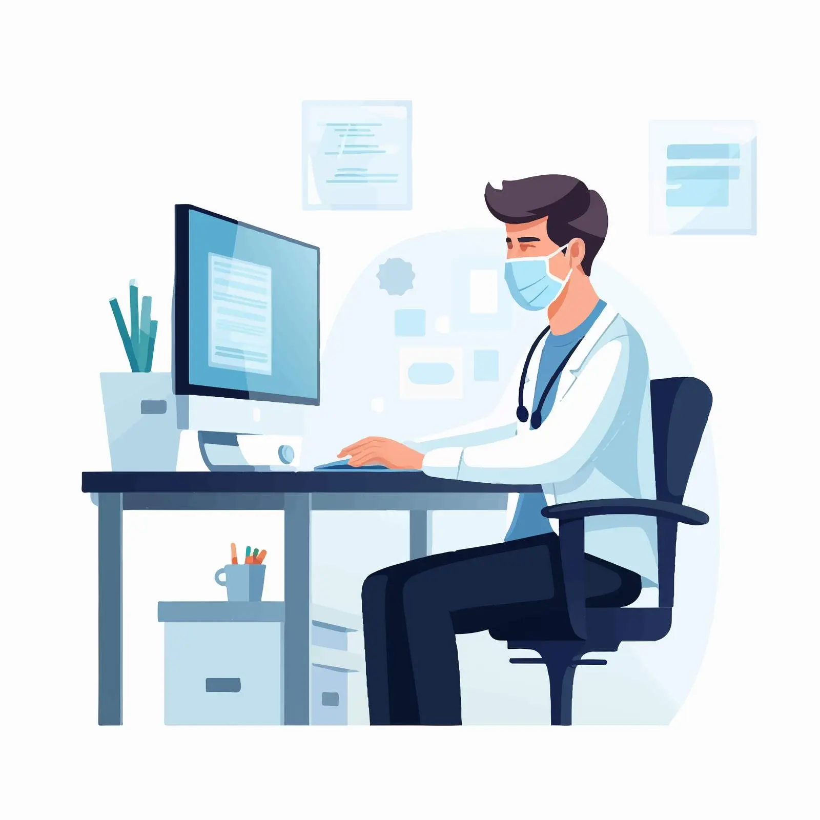 Doctor Working at Desk in Hospital Office – free desktop computer image from Dotvec