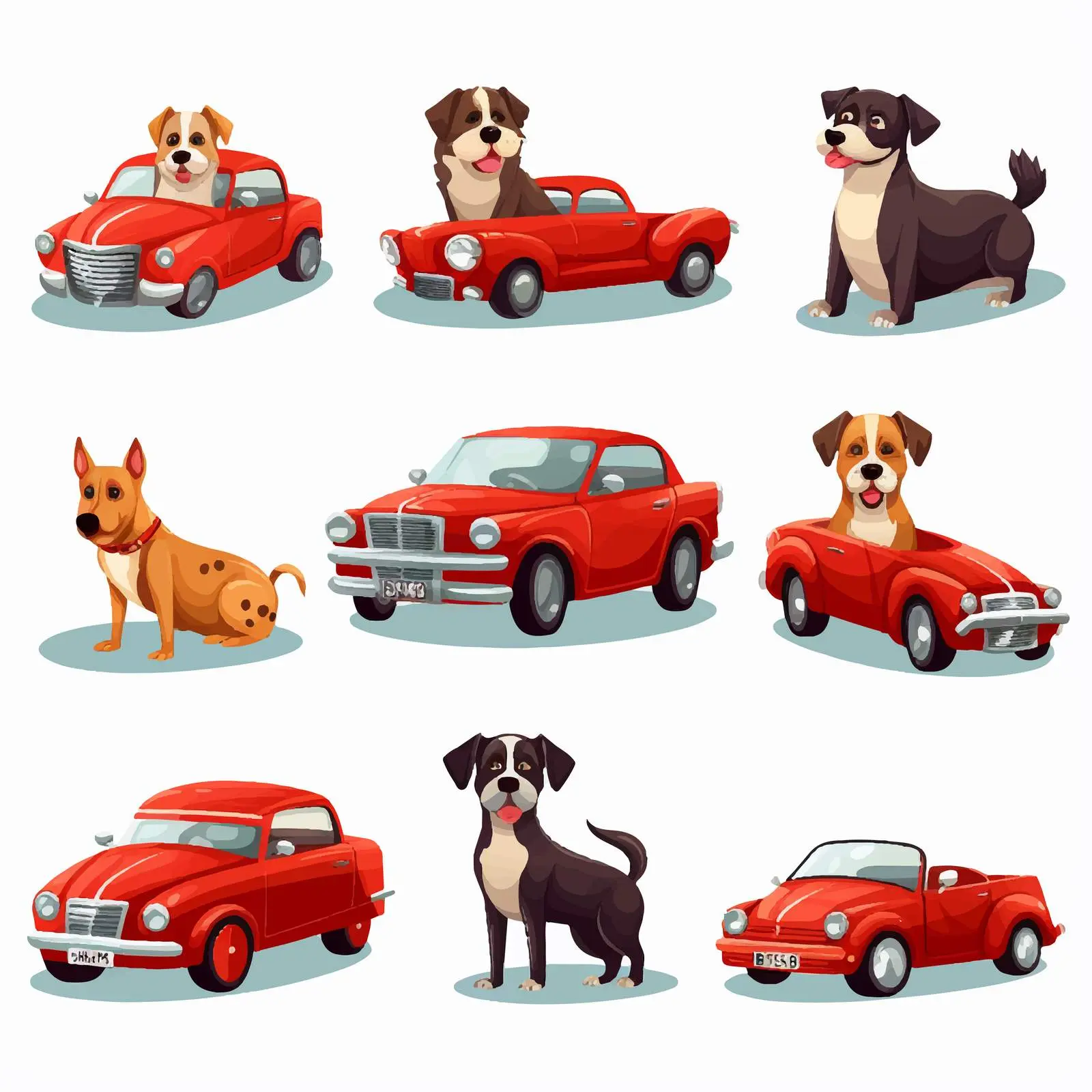 Dogs in Various Red Cars Illustration — free download from Dotvec