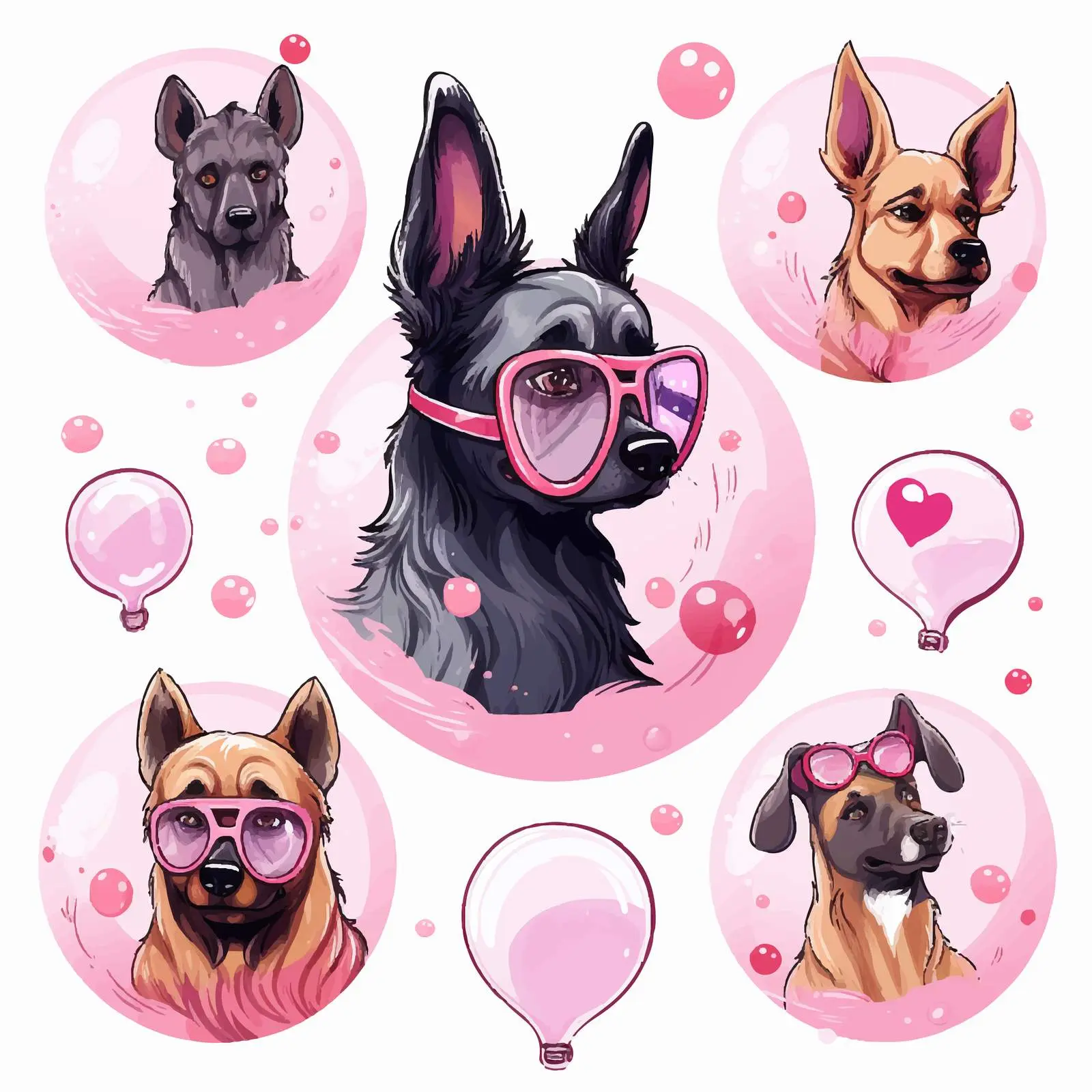 Cute Dogs in Pink Hearts and Glasses – free digital drawing image from Dotvec