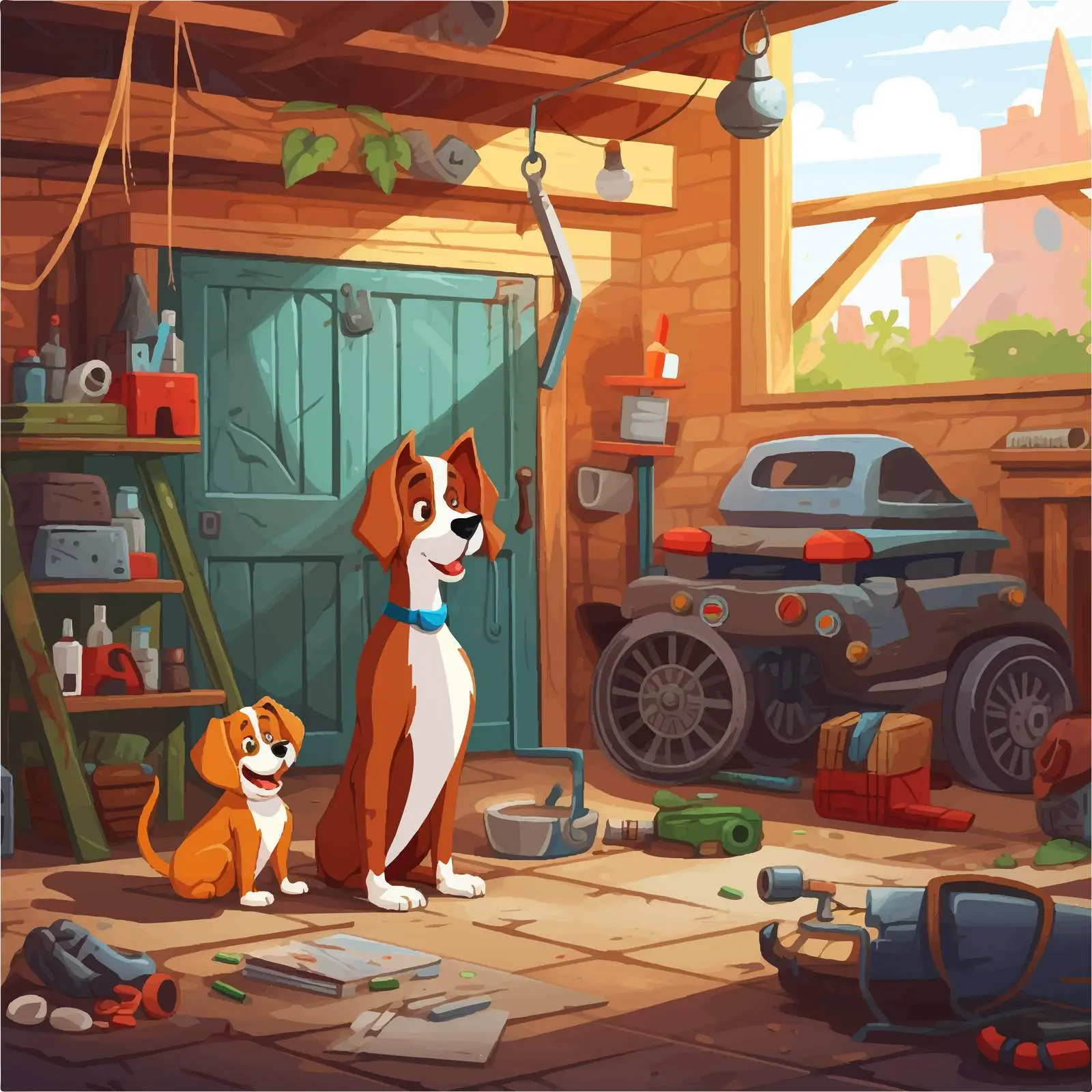Dog Repairing Car in Garage Illustration — free download from Dotvec