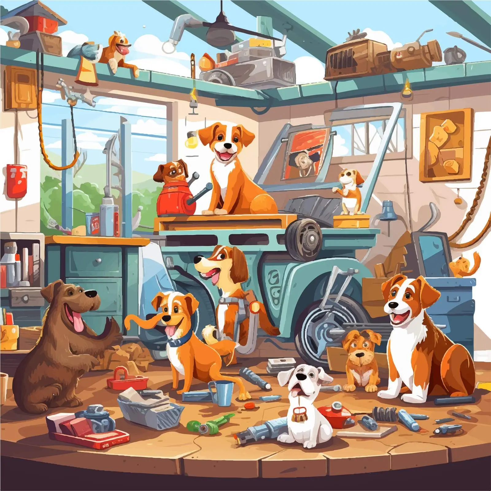 Dog Fixing Car in Garage Cartoon Vector — free download from Dotvec