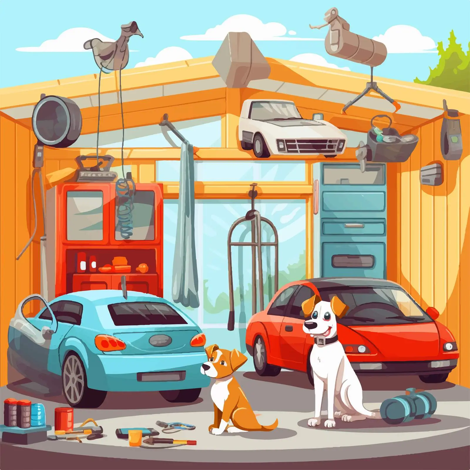 Dog Repairing Car in Garage Vector Illustration — free download from Dotvec