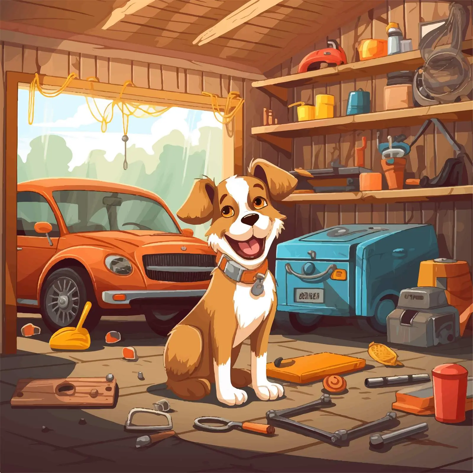 Cartoon Dog Fixing Car in Garage Illustration — free download from Dotvec
