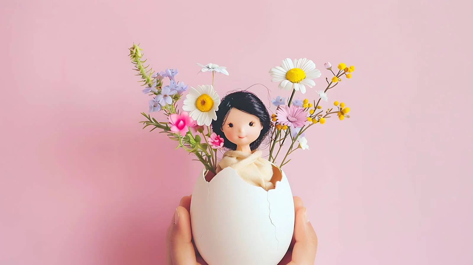 Spring Doll with Flowers in Eggshell — free download from Dotvec