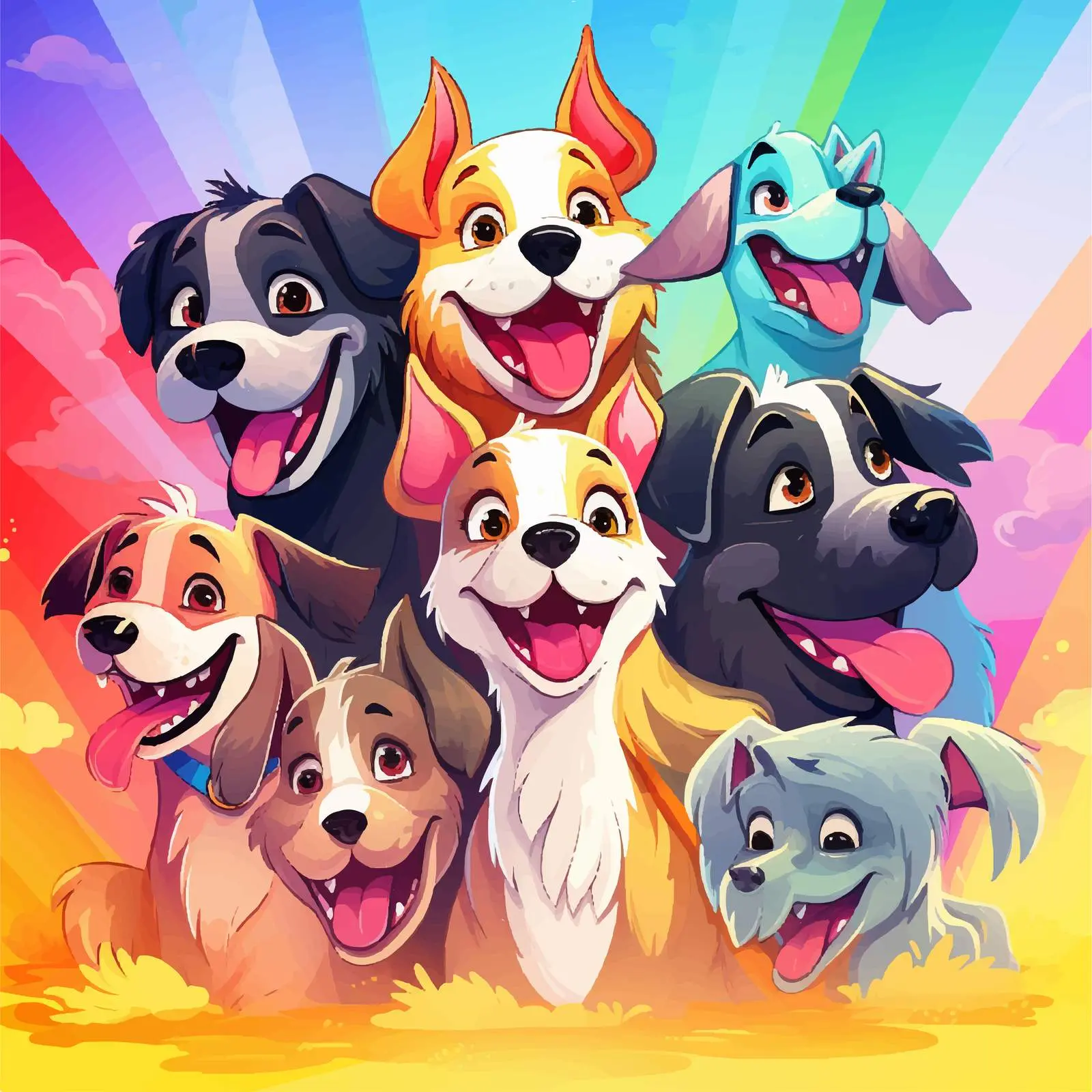 Cartoon Domestic Dogs on Rainbow Gradient Background — free download from Dotvec