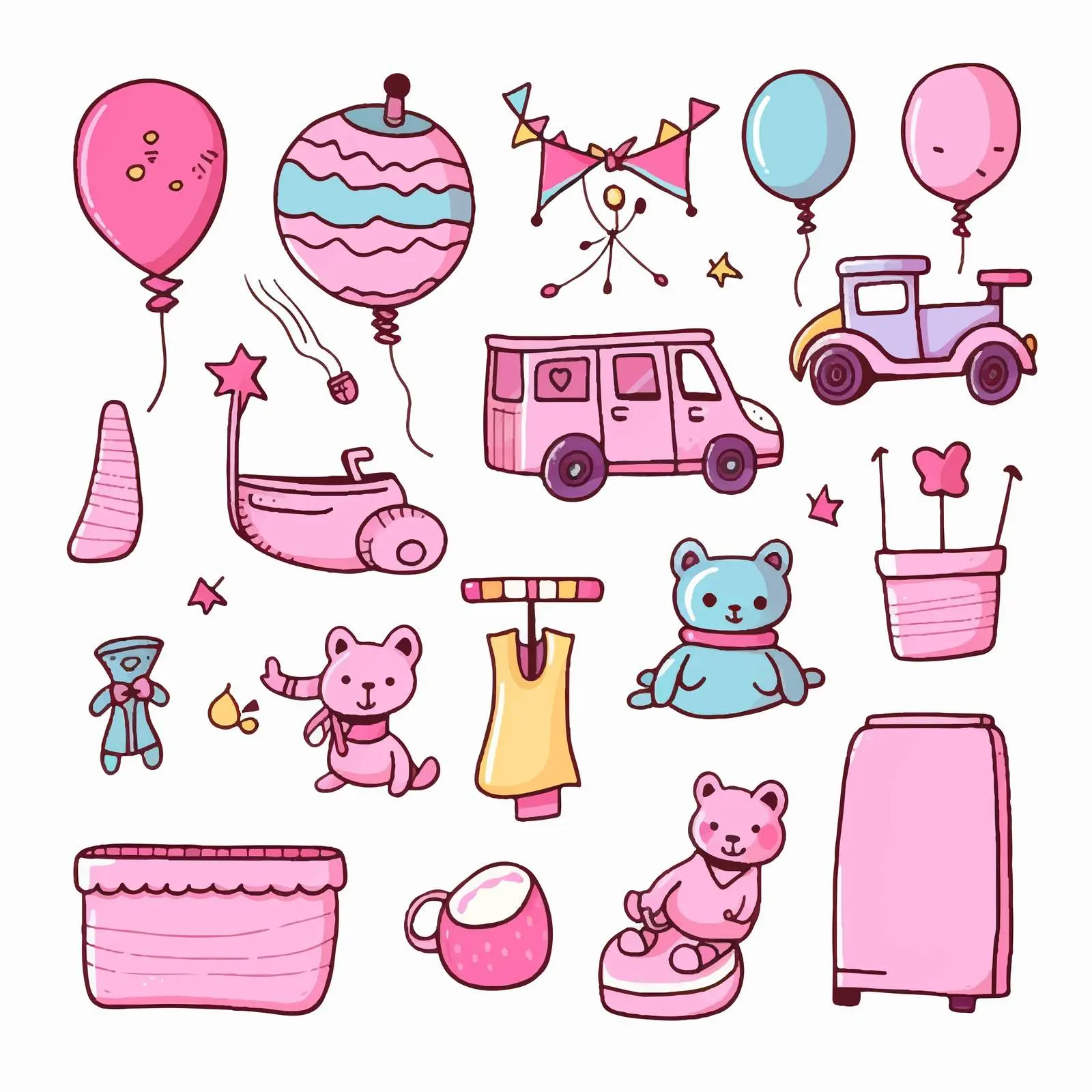 Cute Kids Party Set Illustrations of Toys and Clothes — free download from Dotvec