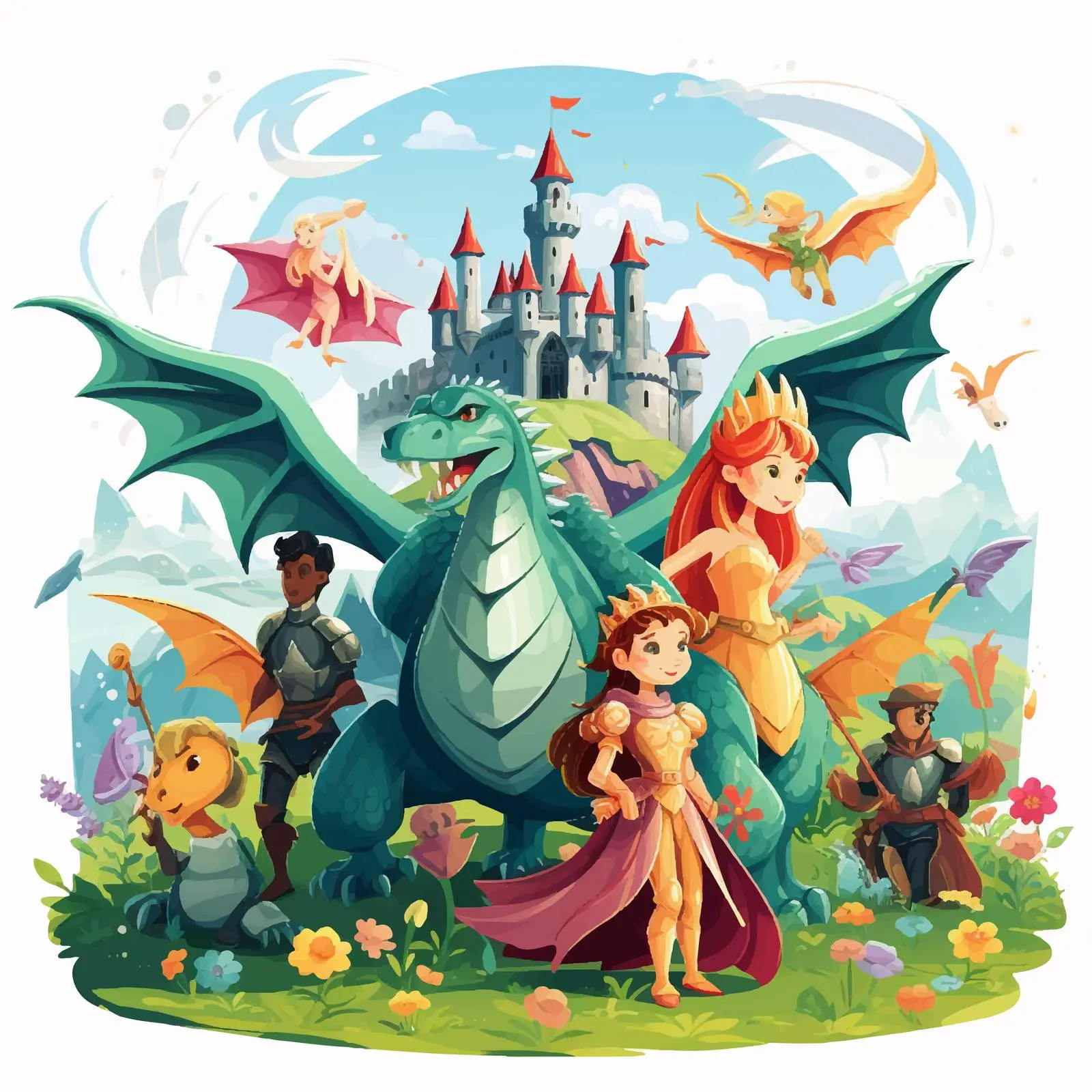 Magical Scene with Dragon, Fairies, Knight, Princess — free download from Dotvec