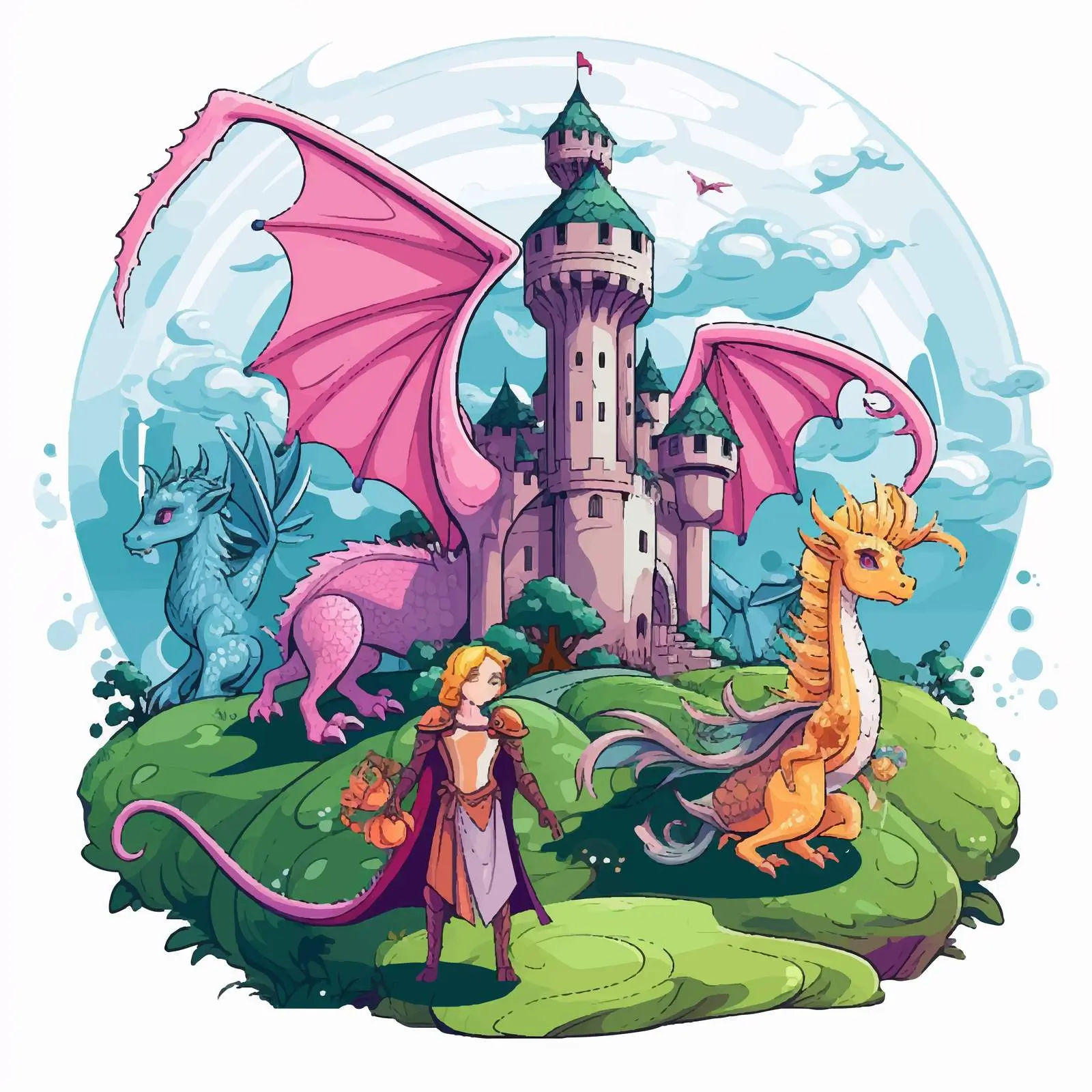 Knight and Princess with Dragon Fairies Scene — free download from Dotvec