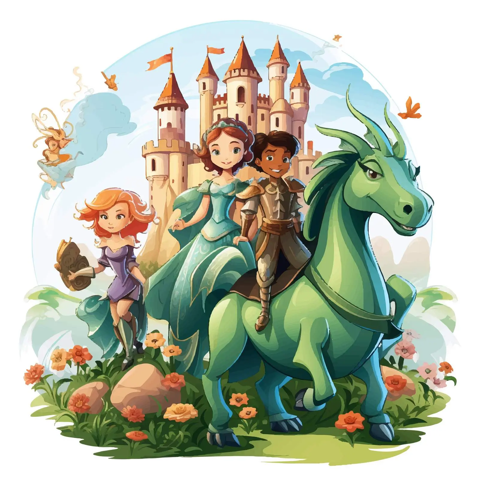 Dragon Fairies Knight Princess Magical Vector Scene — free download from Dotvec