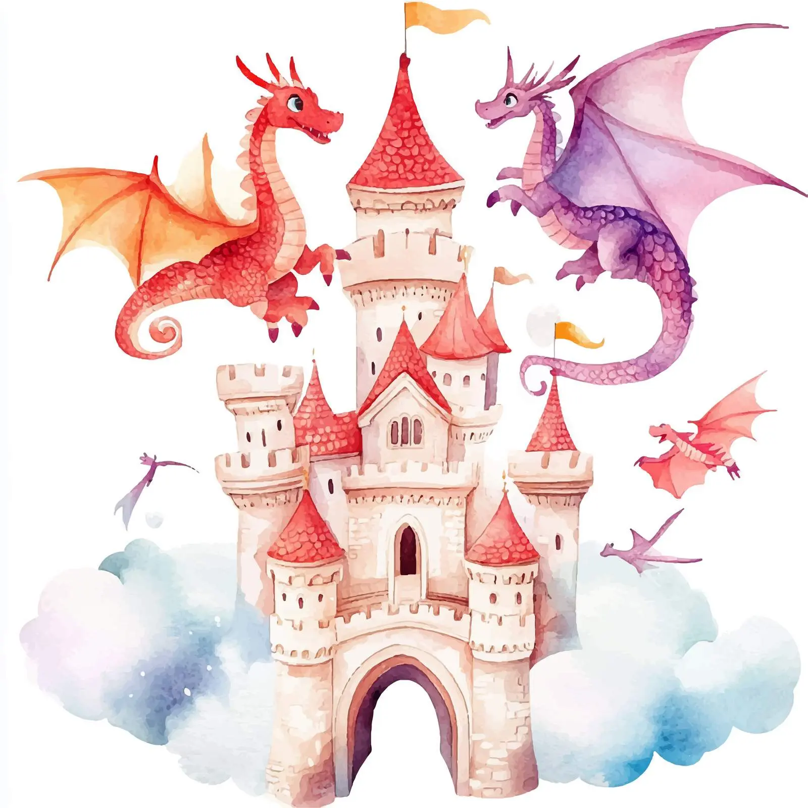 Whimsical Dragon Castle in Watercolor Style – free fairytale image from Dotvec