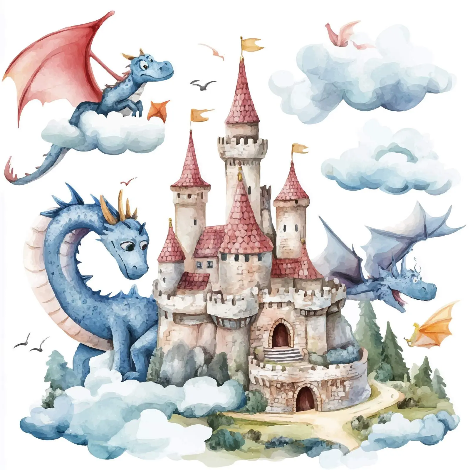 Watercolor Cartoon Dragon Castle in Clouds — free download from Dotvec
