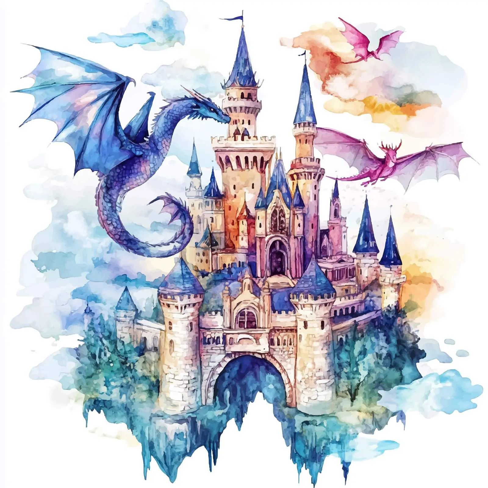 Whimsical Watercolor Dragon Castle in Clouds – free fairytale image from Dotvec