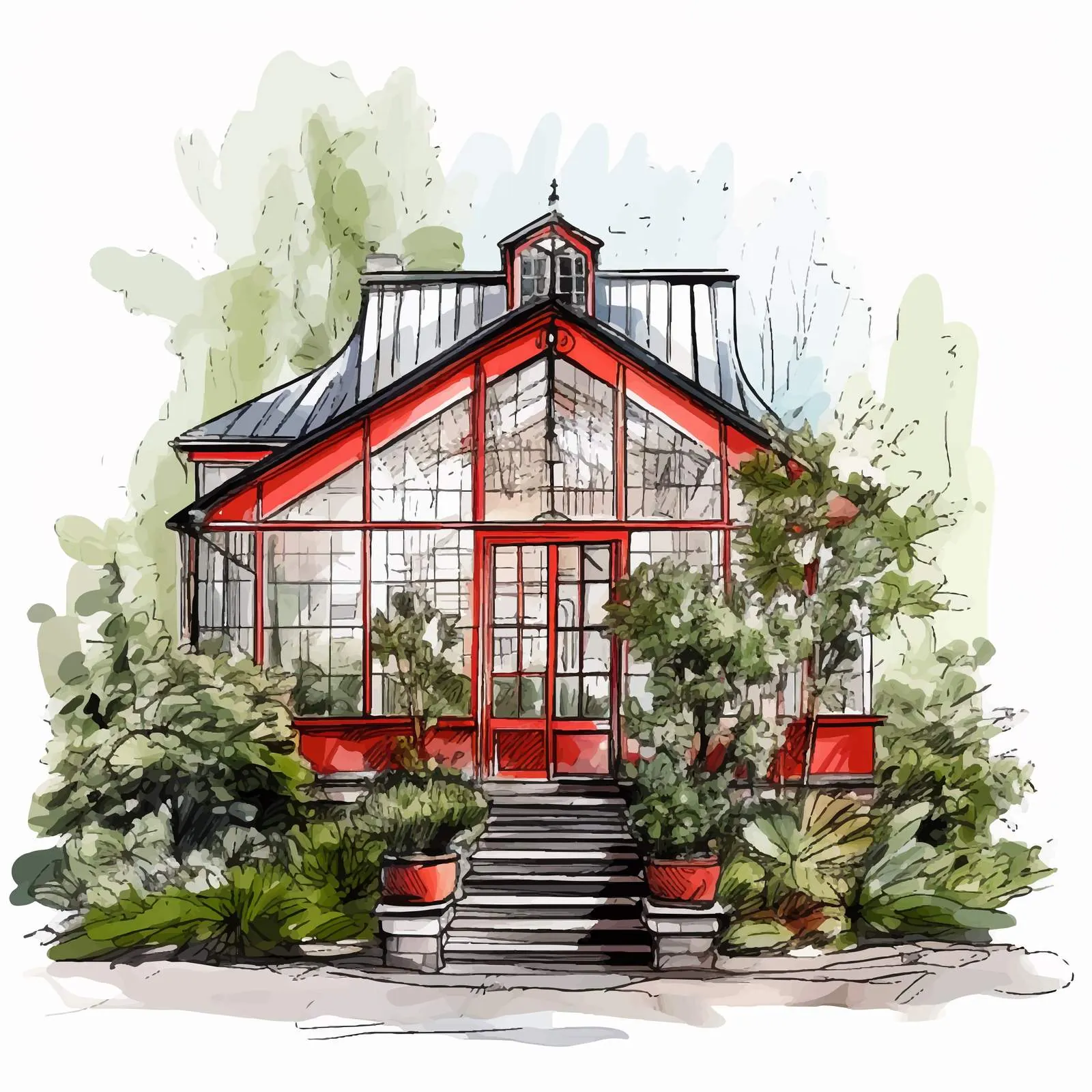 Elegant Glasshouse Building with Red Entrance Door — free download from Dotvec