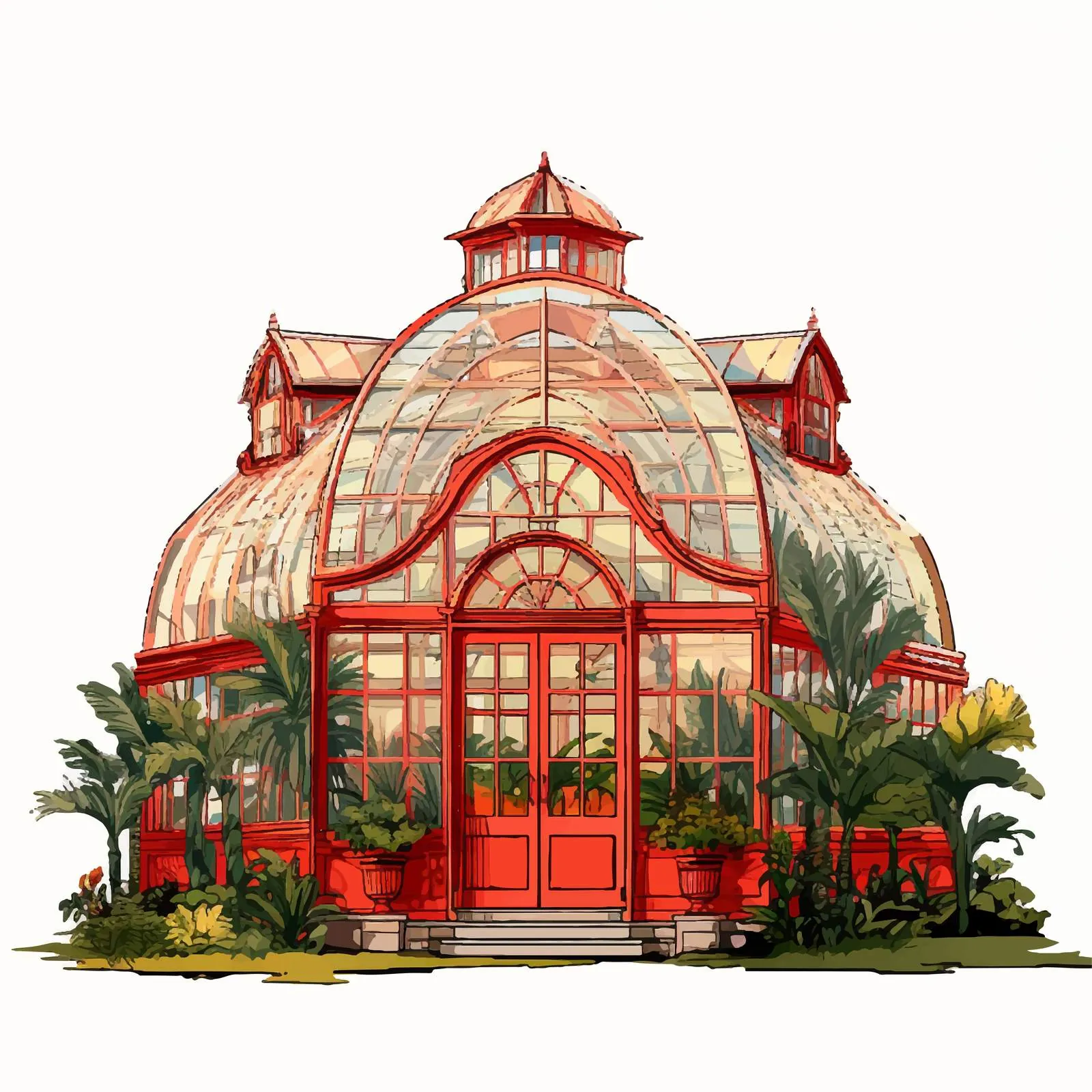 Elegant Glasshouse Building with Red Entrance Door — free download from Dotvec