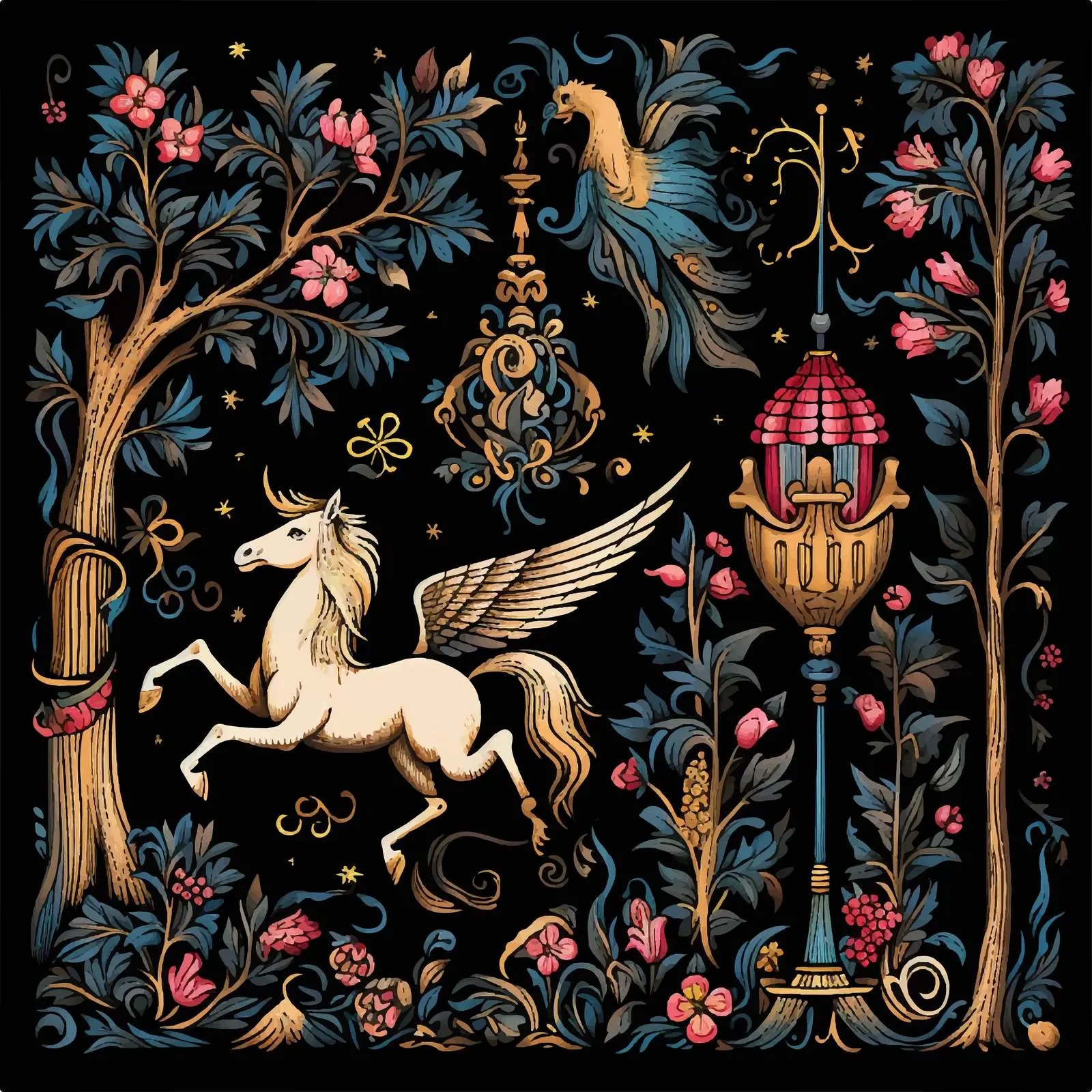 Medieval Unicorn and Birds Tapestry Vector Art – free tapestry image from Dotvec