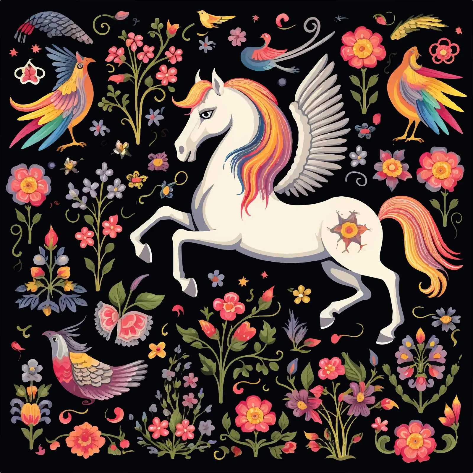 Medieval Unicorn and Birds Tapestry Vector Art – free fairytale image from Dotvec