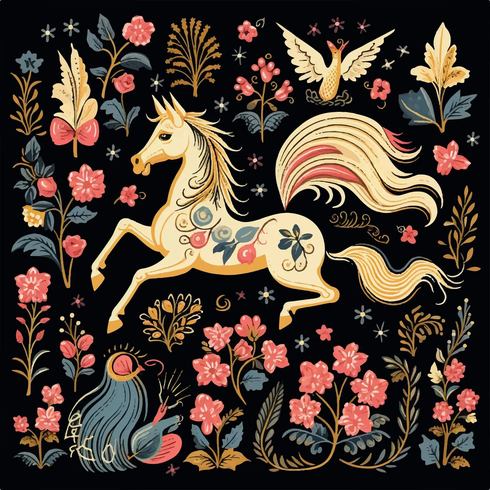 Medieval Unicorn and Birds Clip Art Set – free tapestry image from Dotvec
