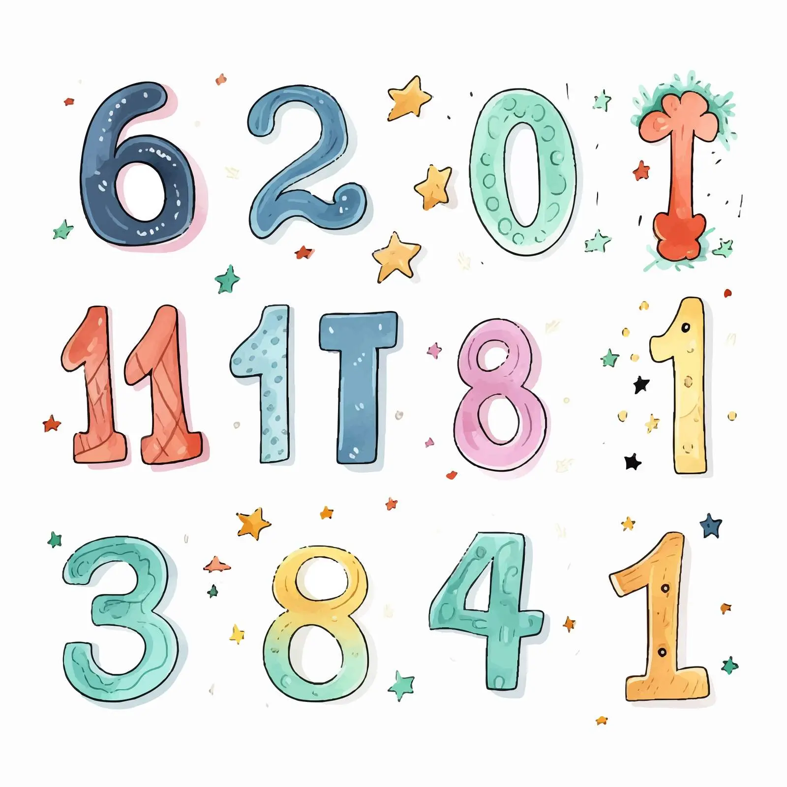 Colorful Doodle Style Baby Capital Numbers – free learning tools image from Dotvec