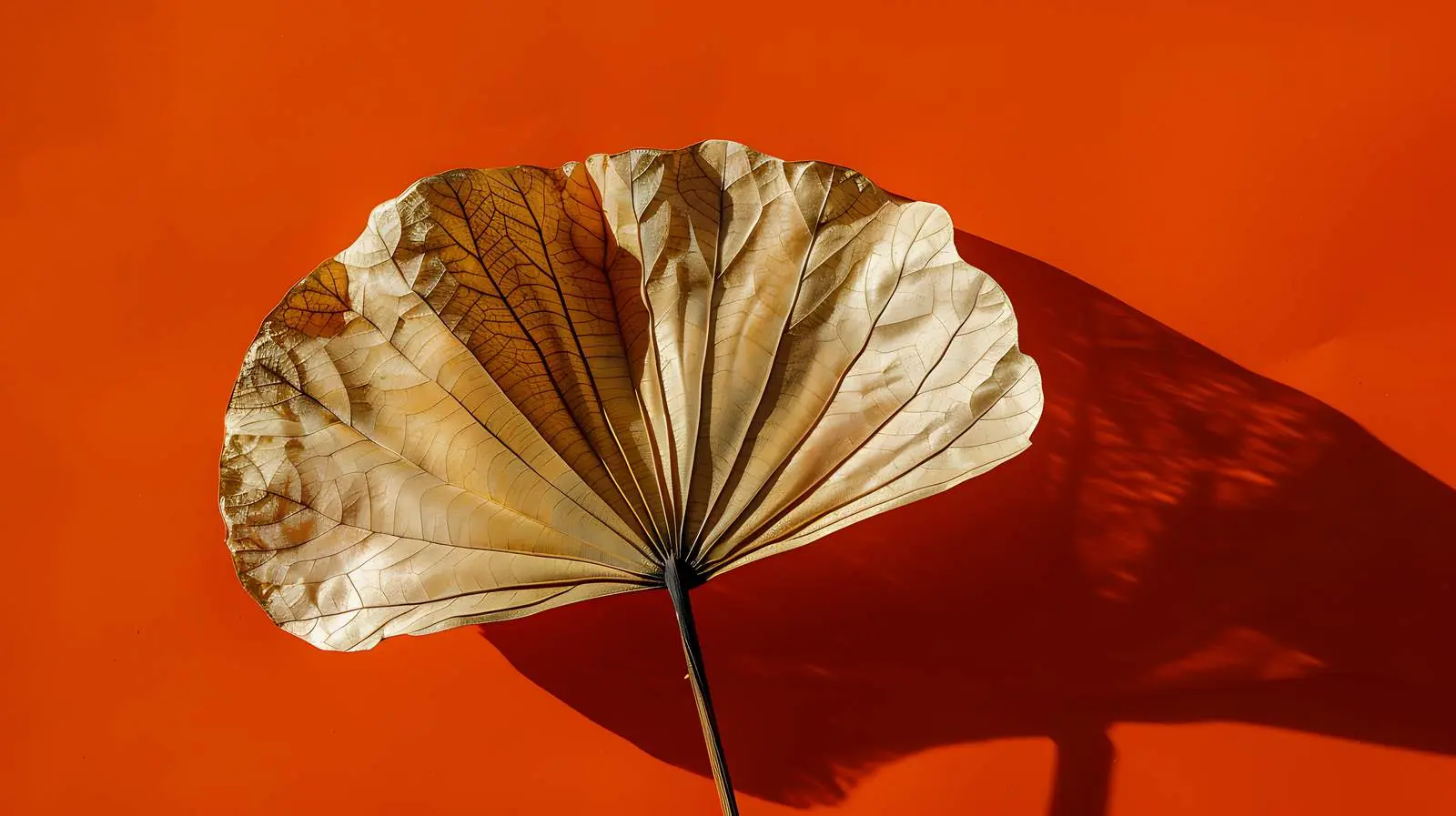 Dried Fan Leaf with Sunlight Shadows on Orange – free seasonal art image from Dotvec