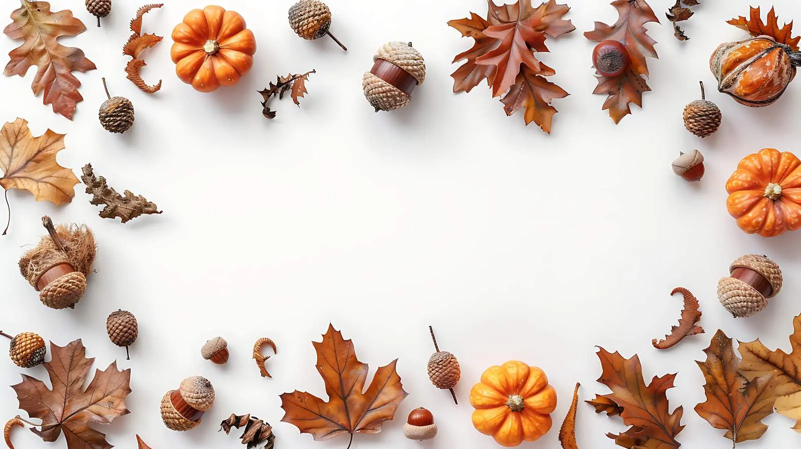 Dried Leaves Acorns and Pumpkins on White Background – free acorn image from Dotvec
