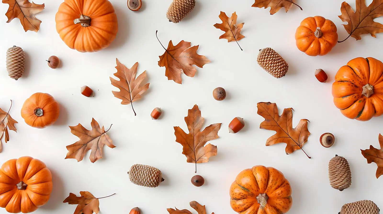 Autumn Leaves Acorns and Pumpkins on White Background – free autumn vibes image from Dotvec