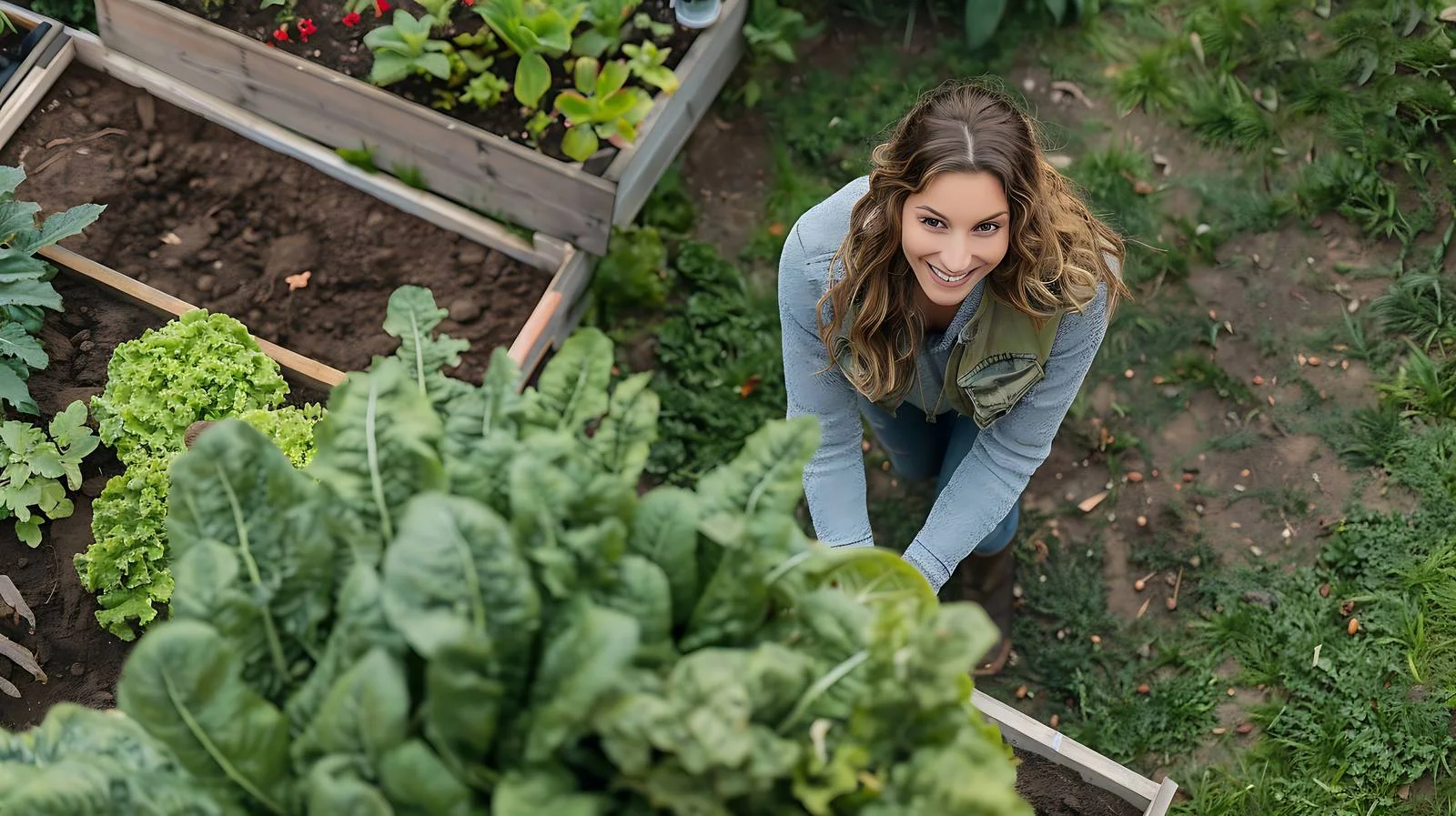 Joyful woman by elevated garden bed – free raised bed image from Dotvec