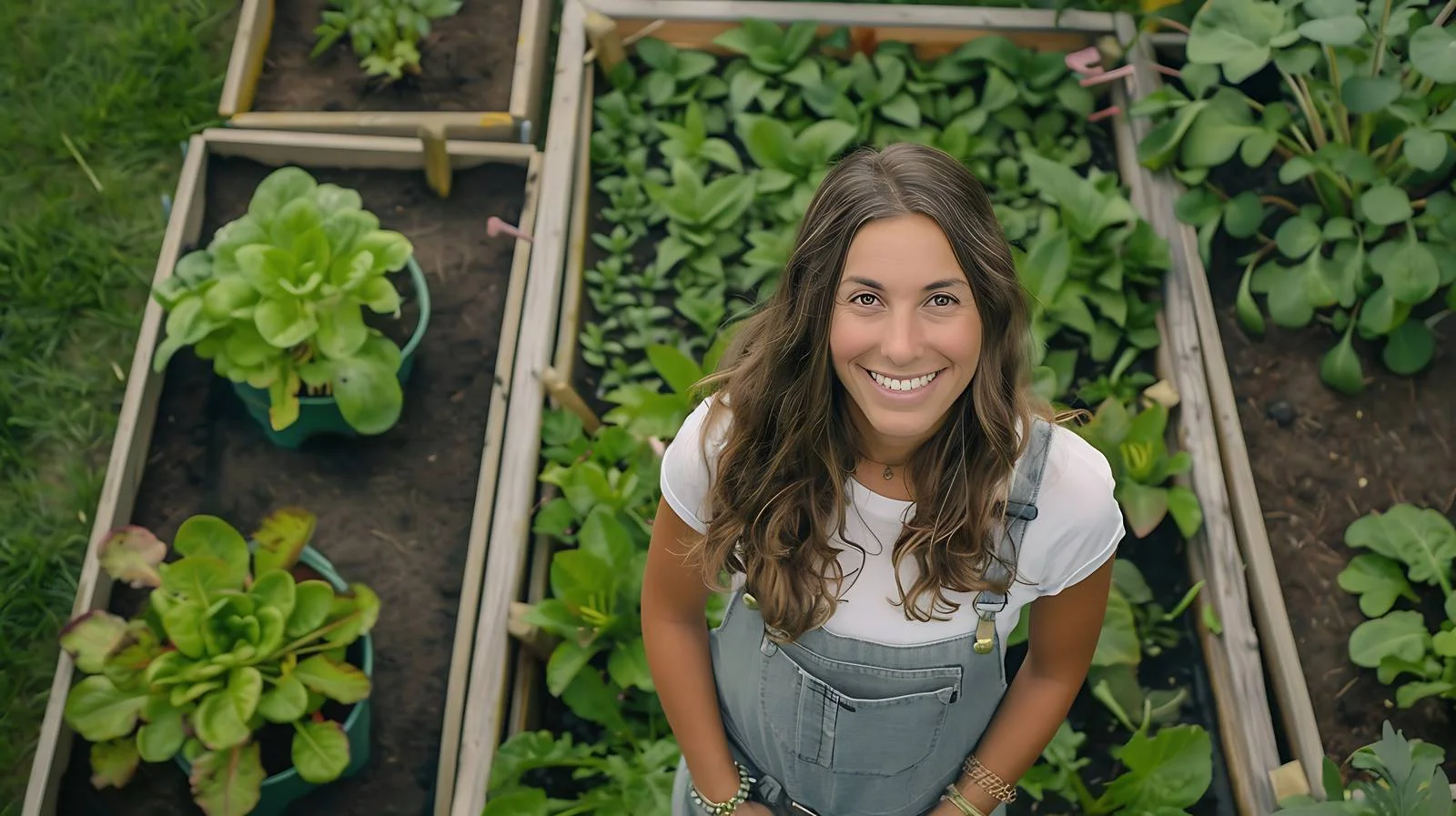 Joyful woman near elevated garden bed — free download from Dotvec