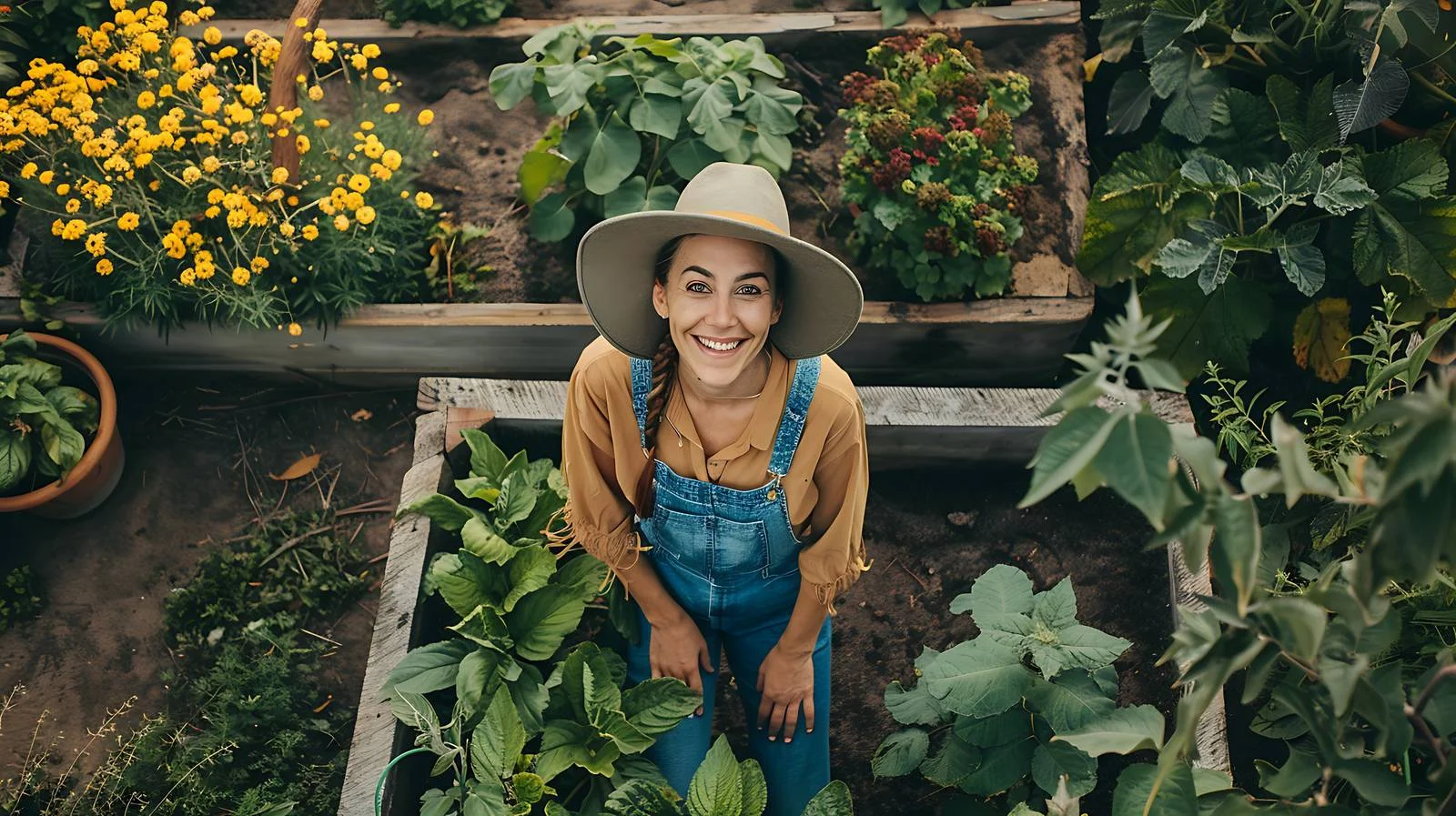 Joyful woman beside elevated garden bed – free raised bed image from Dotvec