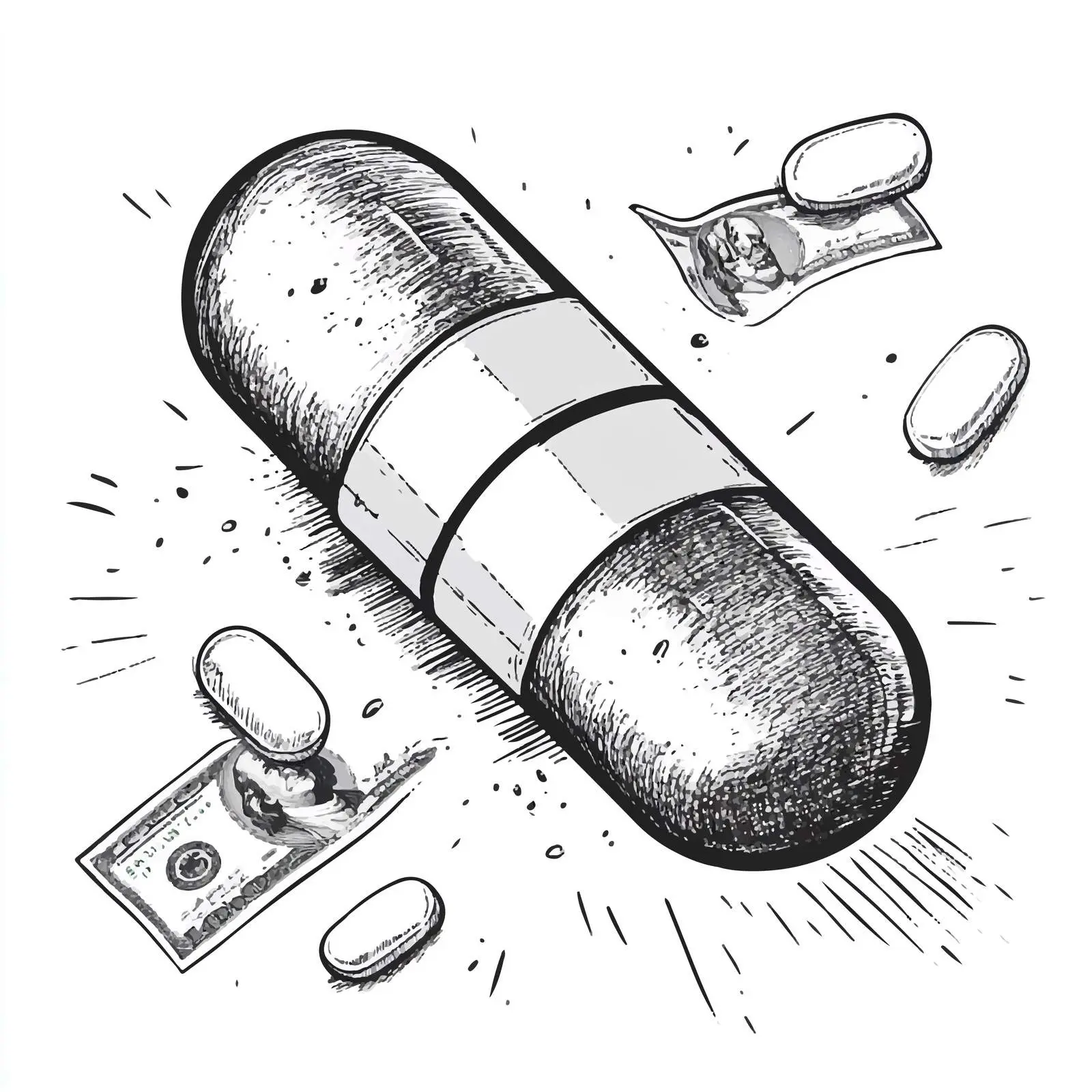 Cartoon Drug Capsule and Money Illustration — free download from Dotvec