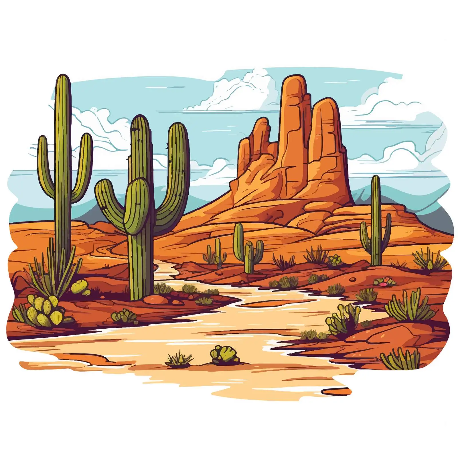 Line Art Desert Scenery with Cactus Plants — free download from Dotvec