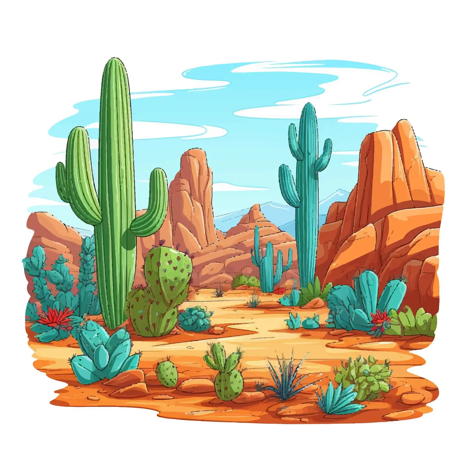 Desert Line Art Scenery with Cactus Plants — free download from Dotvec