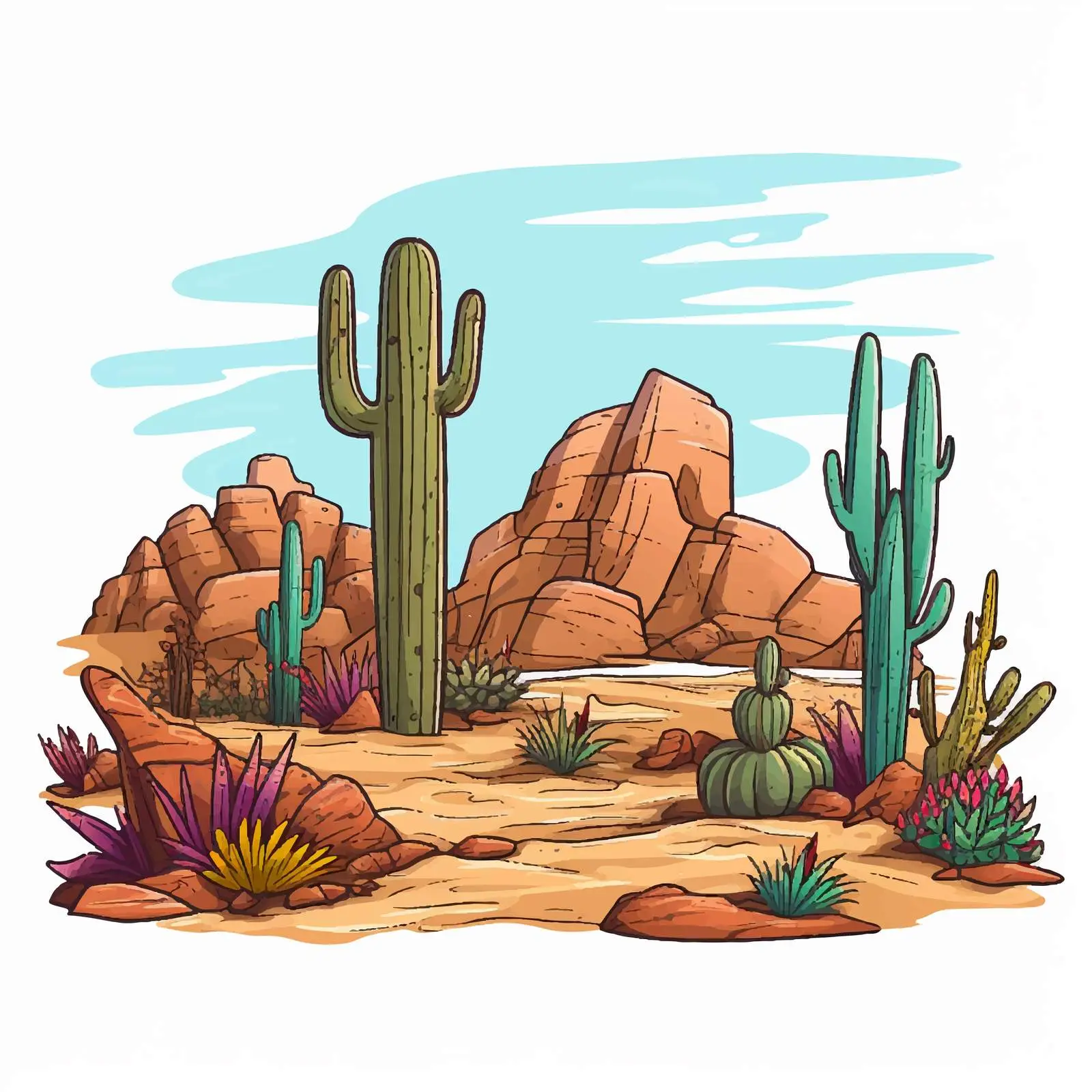 Desert Line Art with Cactus Plants — free download from Dotvec