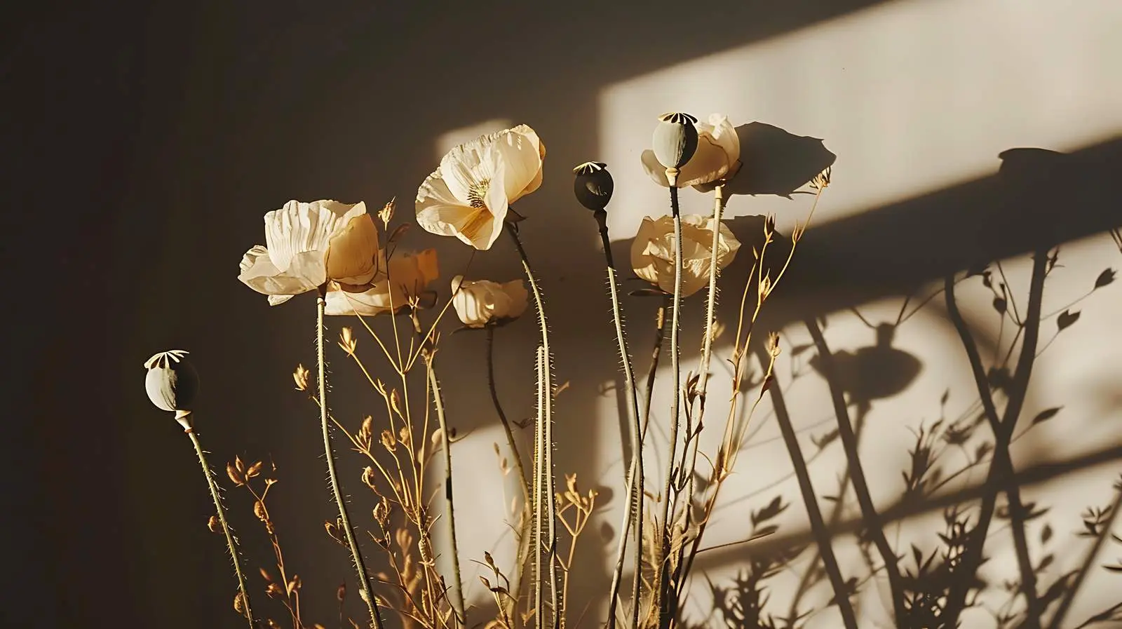Dry Poppy Stems in Soft Sunlight Shadows – free black image from Dotvec