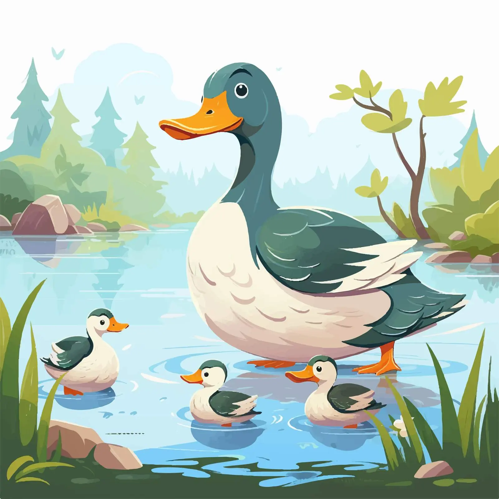Duck Family by the River Vector Illustration — free download from Dotvec