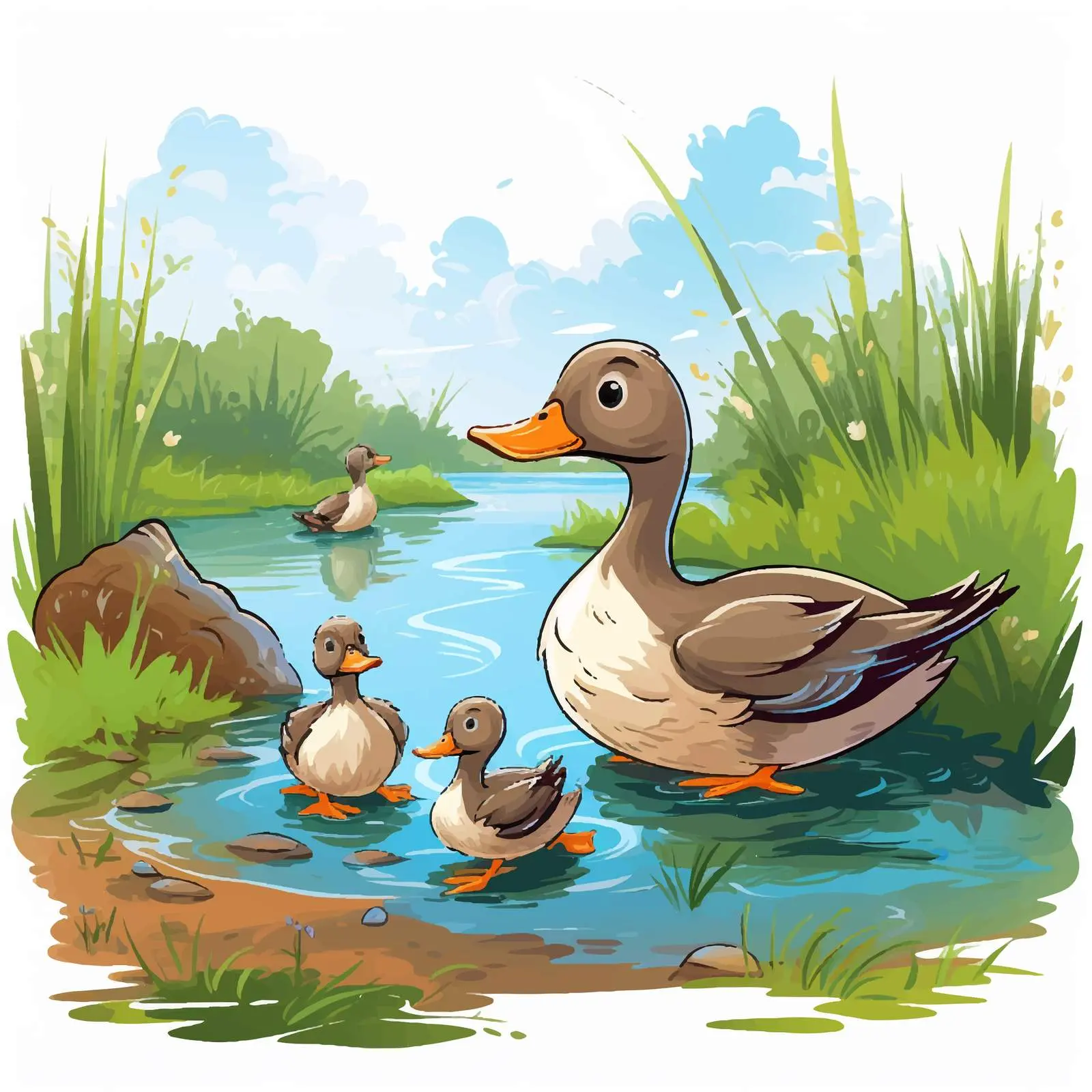 Duck Family by the River Illustration — free download from Dotvec