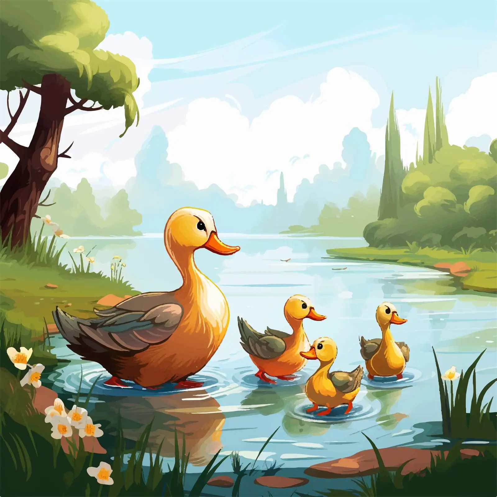 Duck Family by the River Illustration — free download from Dotvec