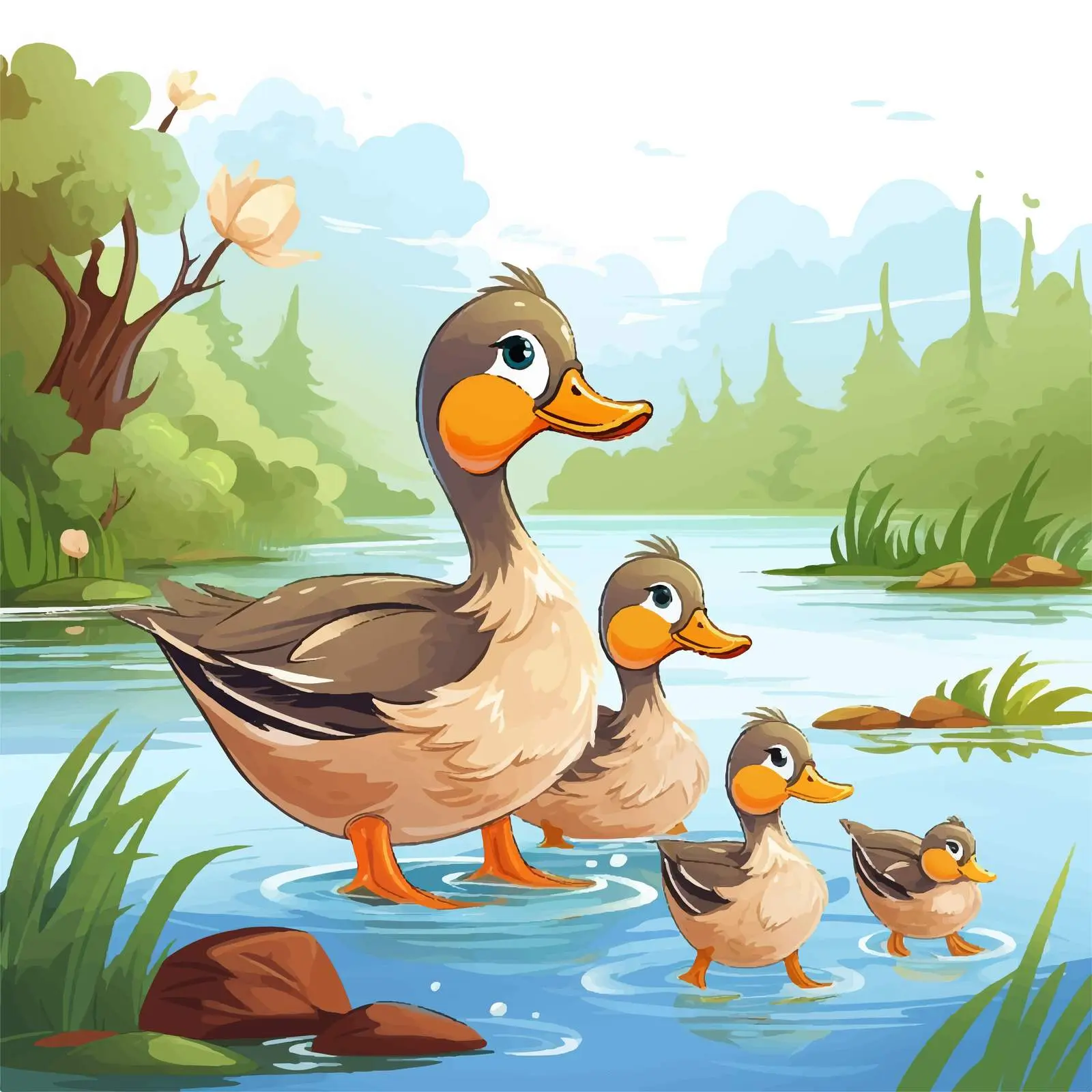 Duck Family by the River Illustration — free download from Dotvec
