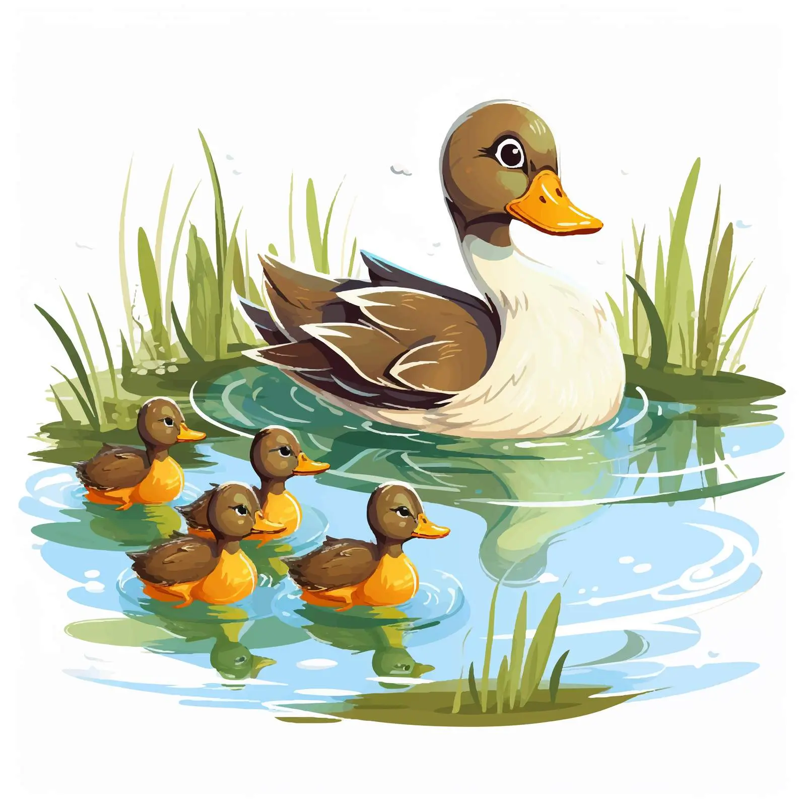 Ducks and Ducklings in a Pond Illustration — free download from Dotvec