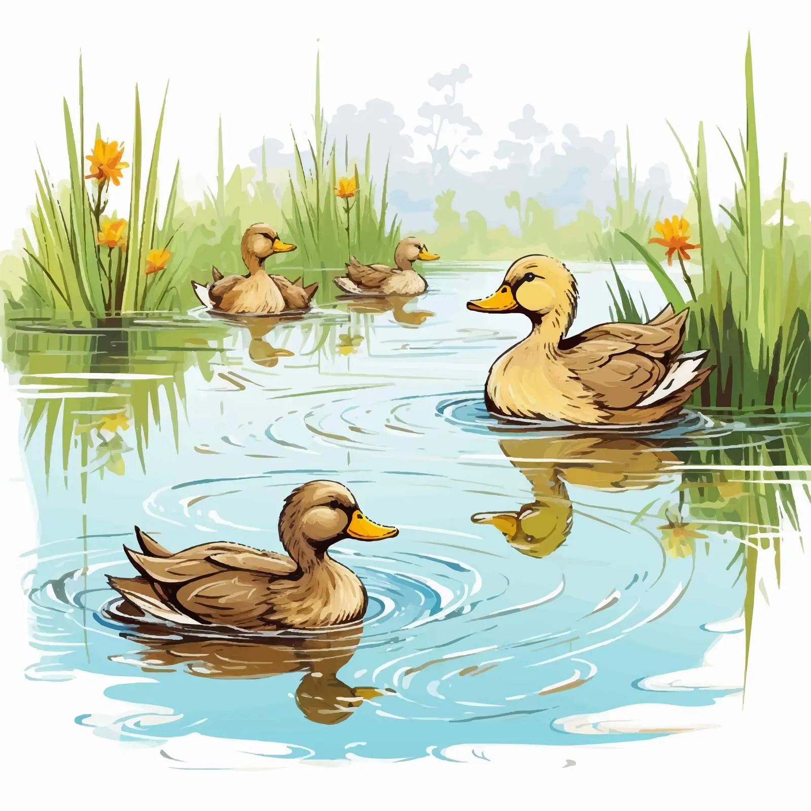 Cartoon Ducks and Ducklings in a Pond — free download from Dotvec