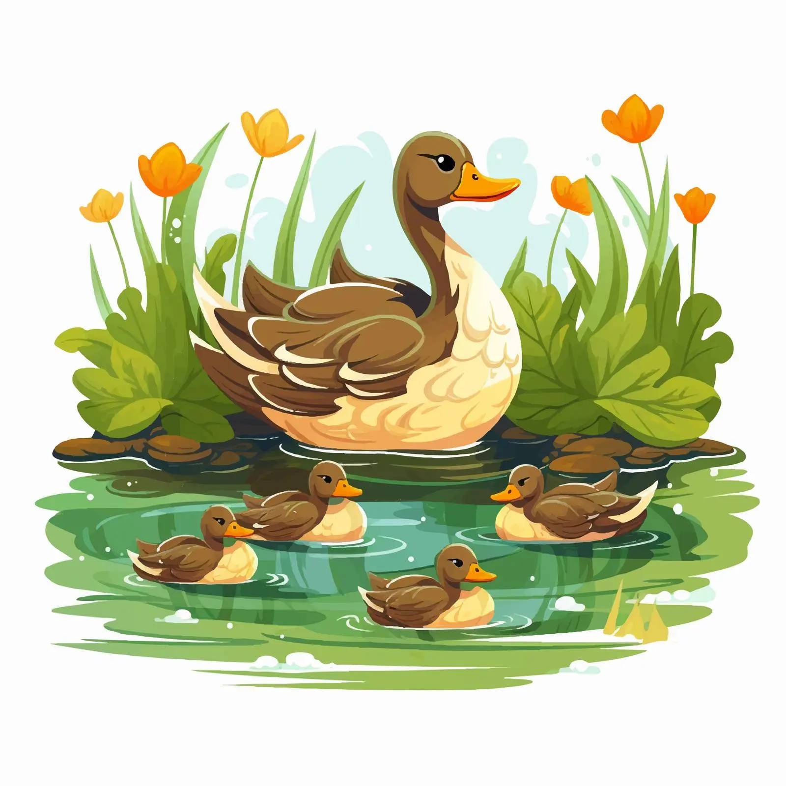 Cartoon Ducks and Ducklings in Pond – free baby duck image from Dotvec
